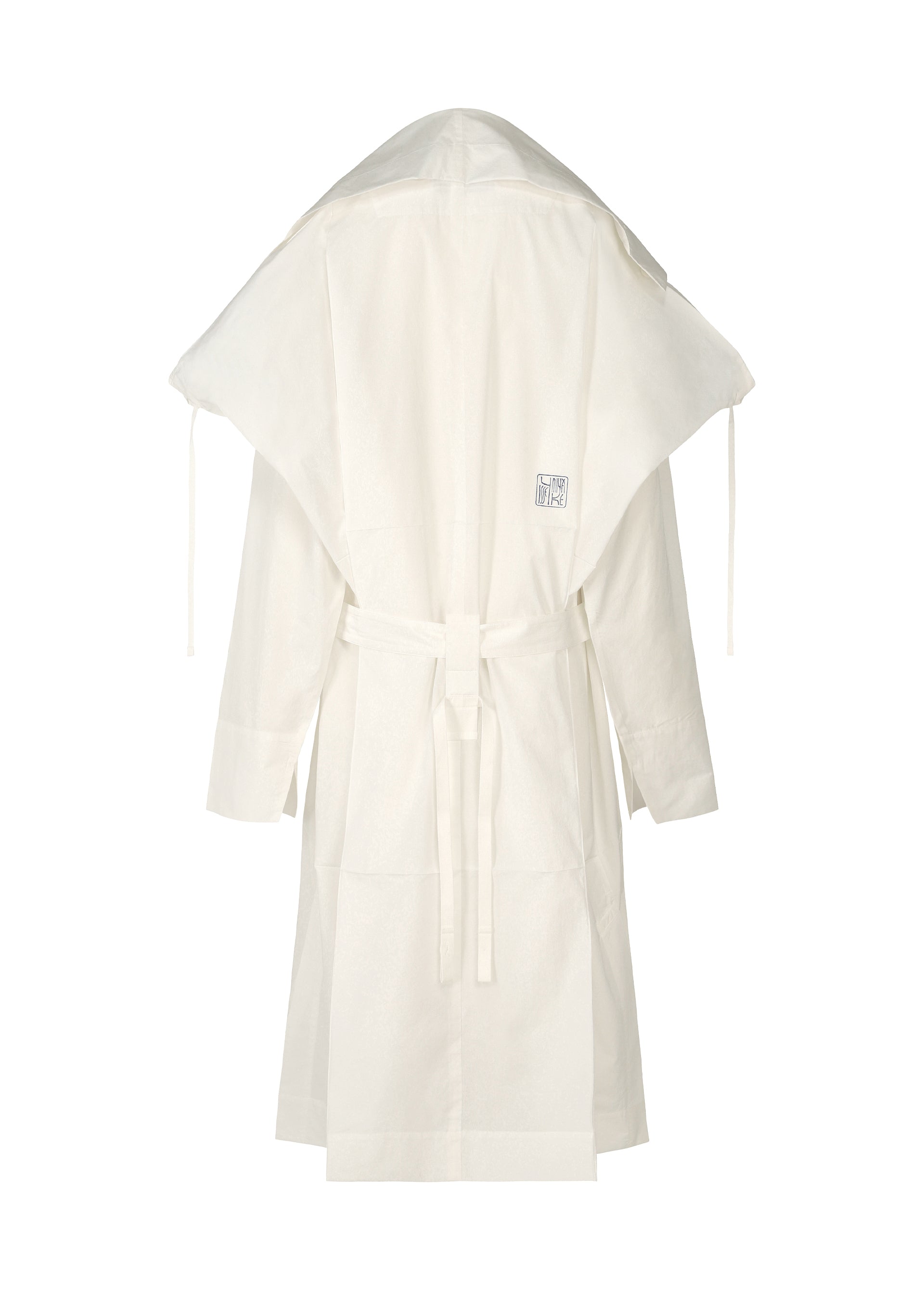 Zoomed view The FOLDING COAT by ISSEY MIYAKE is a white, long-sleeve robe featuring a wide oversized hood, tied waist belt, and a small rectangular back label. Inspired by a lightweight kimono jacket, it is shown against a plain white background.