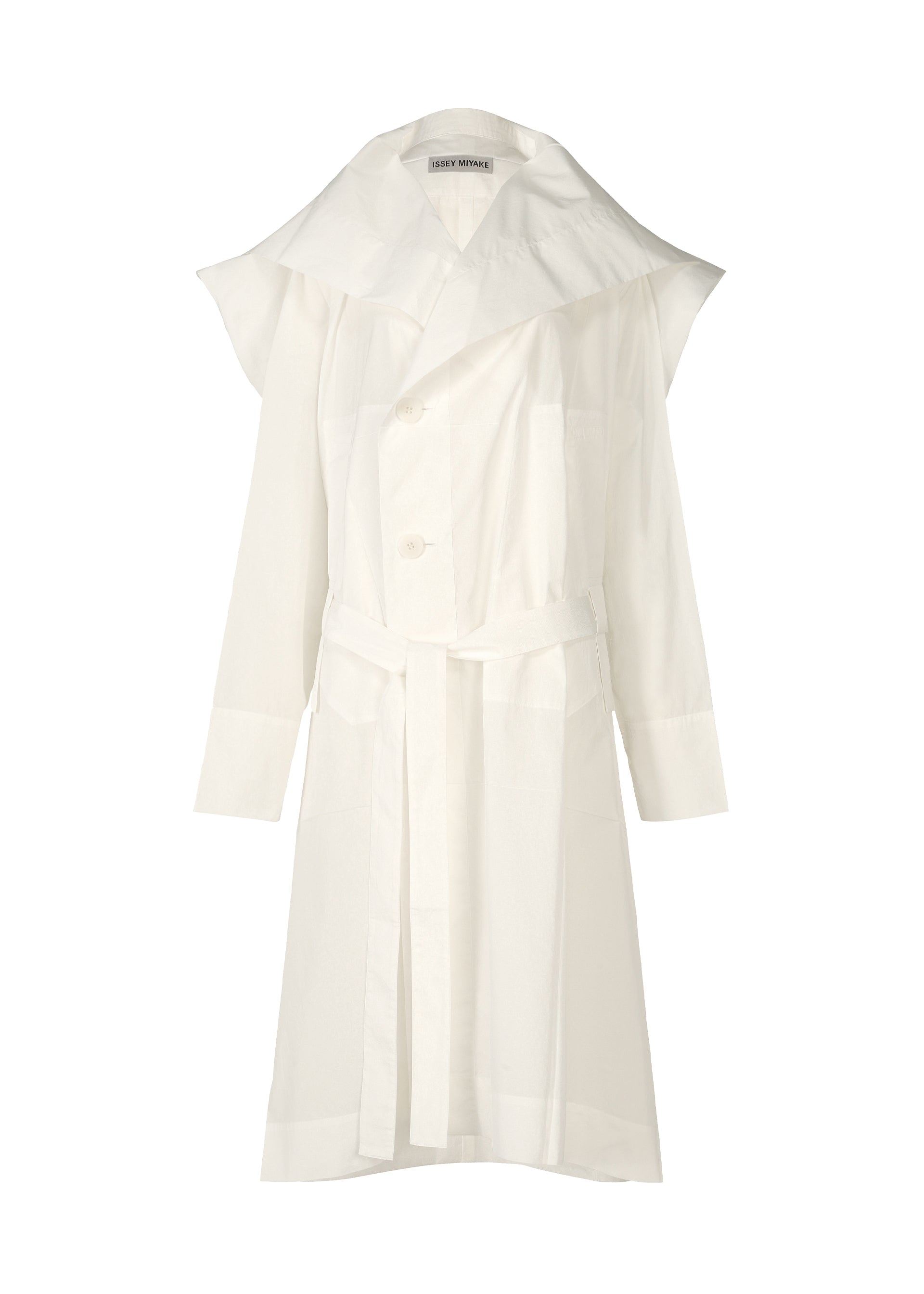 Zoomed view The ISSEY MIYAKE FOLDING COAT is a white, long-sleeve trench with a wide collar, double-breasted buttons, belted waist, and two front pockets—evoking kimono-like elegance. Shown on a plain white background.
