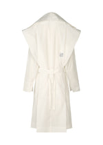 The ISSEY MIYAKE FOLDING COAT is a white bathrobe inspired by the brand's lightweight kimono jacket, with a large hood, long sleeves, waist belt, and small square logo on the back, shown against a plain white background.
