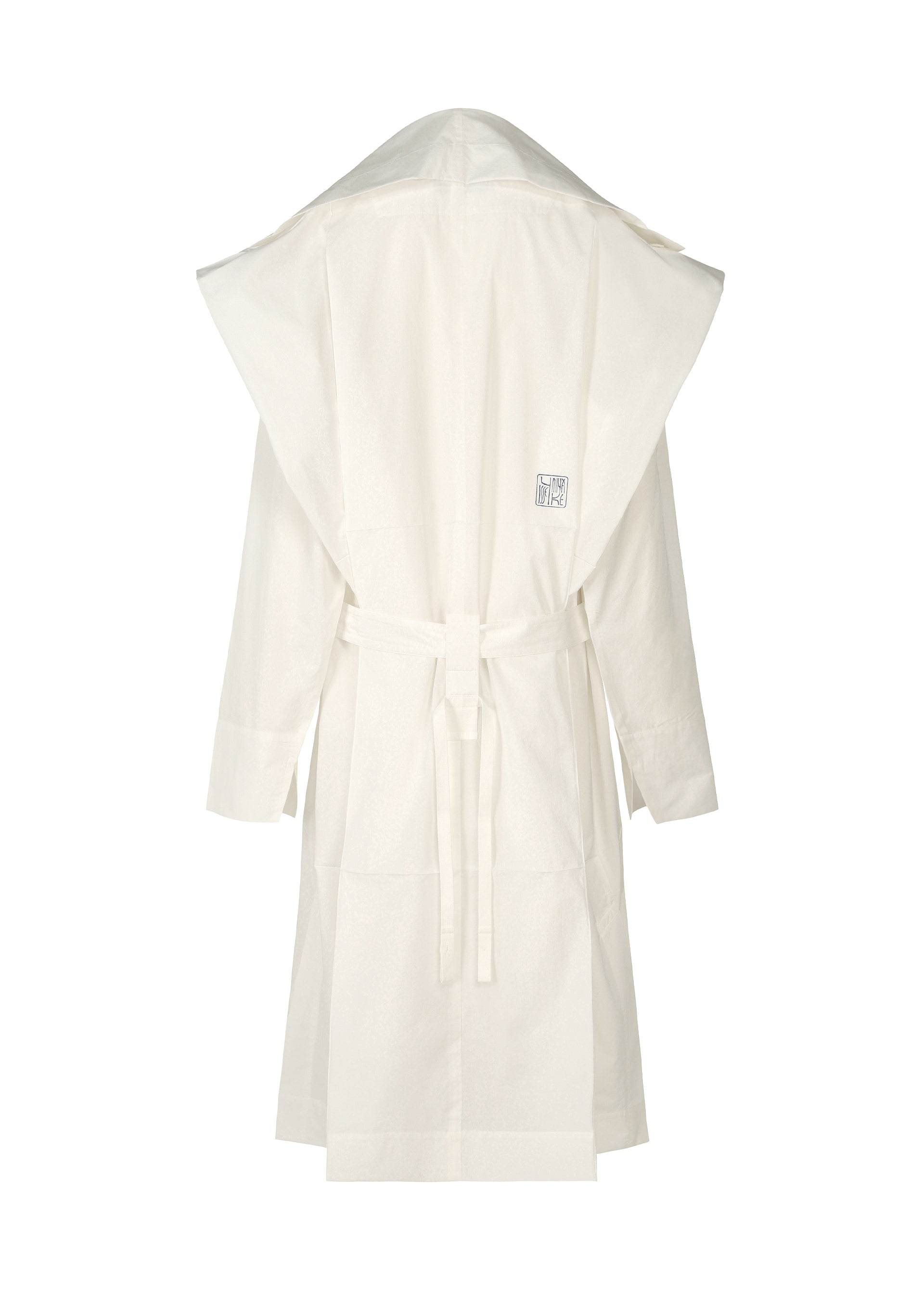 Zoomed view The ISSEY MIYAKE FOLDING COAT is a white bathrobe inspired by the brand's lightweight kimono jacket, with a large hood, long sleeves, waist belt, and small square logo on the back, shown against a plain white background.