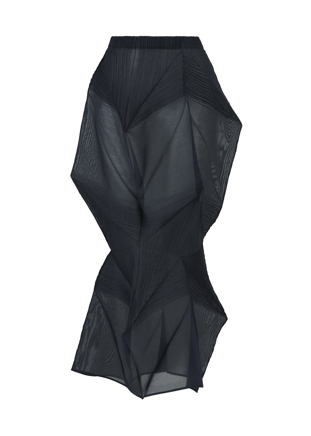 The SHADE AND SHADED_NY skirt by ISSEY MIYAKE is a black sheer pleated design with angular geometric forms that create a three-dimensional, architectural look, shown against a white background. view 1 of 11