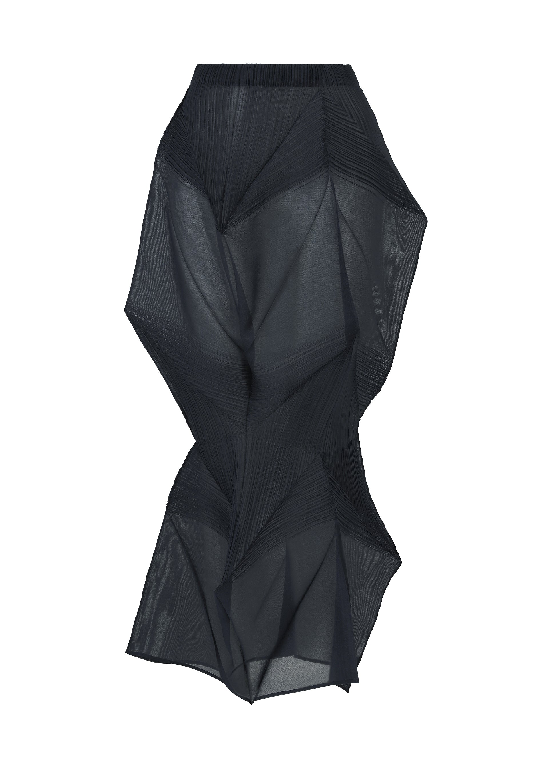 Zoomed view The SHADE AND SHADED_NY skirt by ISSEY MIYAKE is a black sheer pleated design with angular geometric forms that create a three-dimensional, architectural look, shown against a white background. - DARK NAVY （no.78）