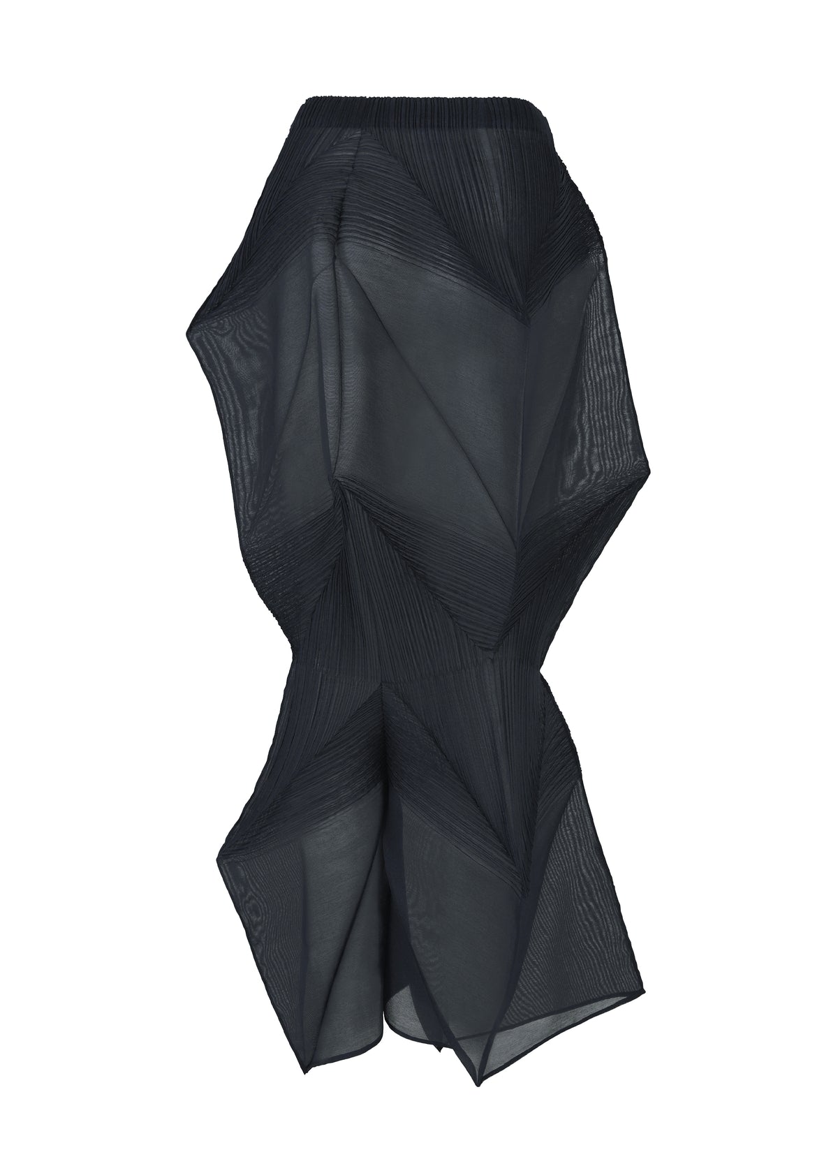 The SHADE AND SHADED_NY by ISSEY MIYAKE is a black, knee-length skirt with an origami-inspired asymmetrical design, sharp pleats, and angular folds. Crafted from sheer, lightweight fabric for a sculptural silhouette. view 2 of 11