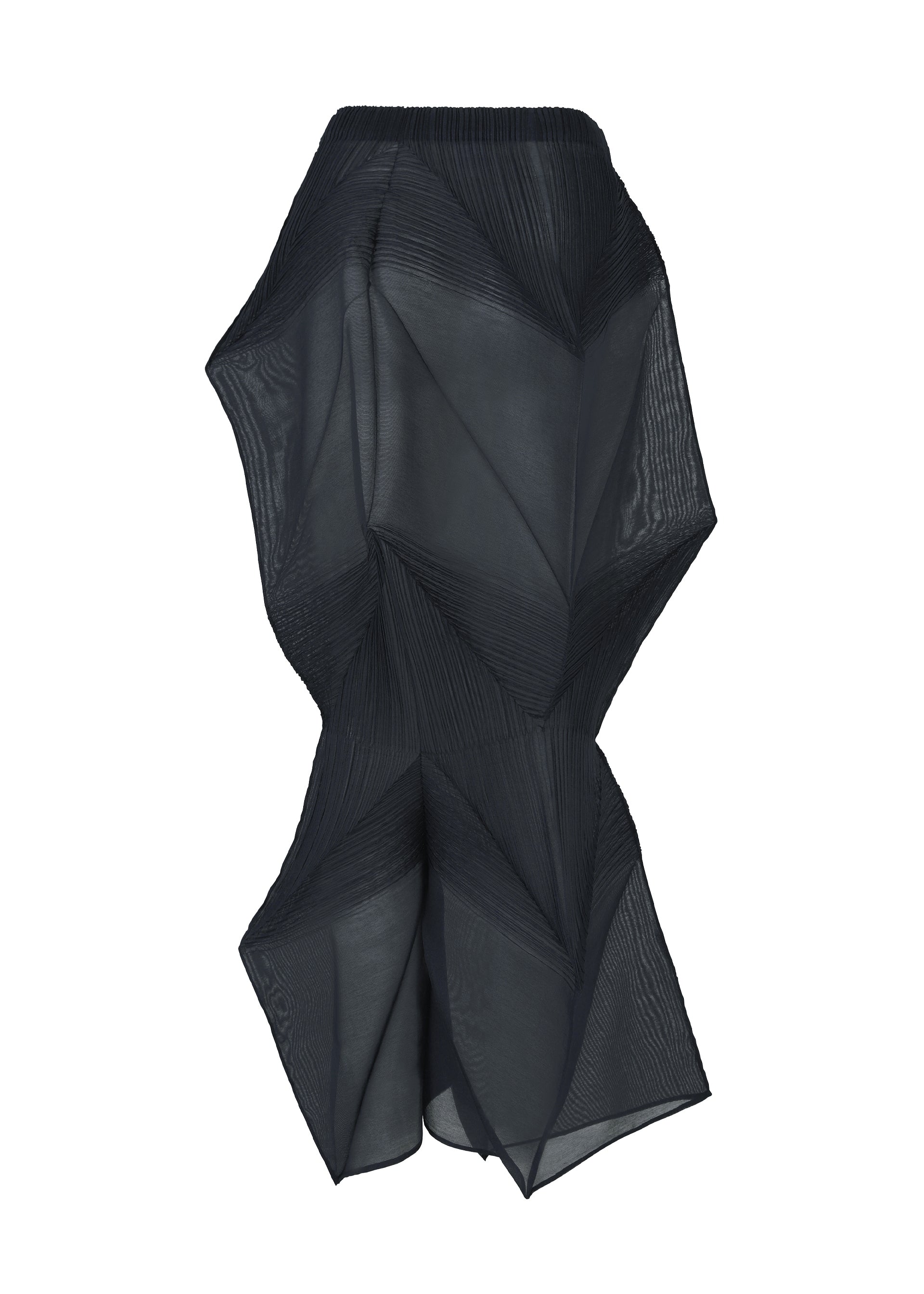 Zoomed view The SHADE AND SHADED_NY by ISSEY MIYAKE is a black, knee-length skirt with an origami-inspired asymmetrical design, sharp pleats, and angular folds. Crafted from sheer, lightweight fabric for a sculptural silhouette.