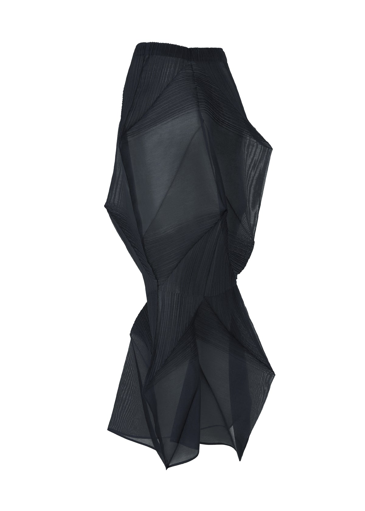 The SHADE AND SHADED_NY skirt by ISSEY MIYAKE is a black, architectural pleated piece featuring geometric shapes and sheer panels, creating a dramatic avant-garde silhouette against a white background. view 3 of 11