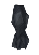 The SHADE AND SHADED_NY skirt by ISSEY MIYAKE is a black, architectural pleated piece featuring geometric shapes and sheer panels, creating a dramatic avant-garde silhouette against a white background.