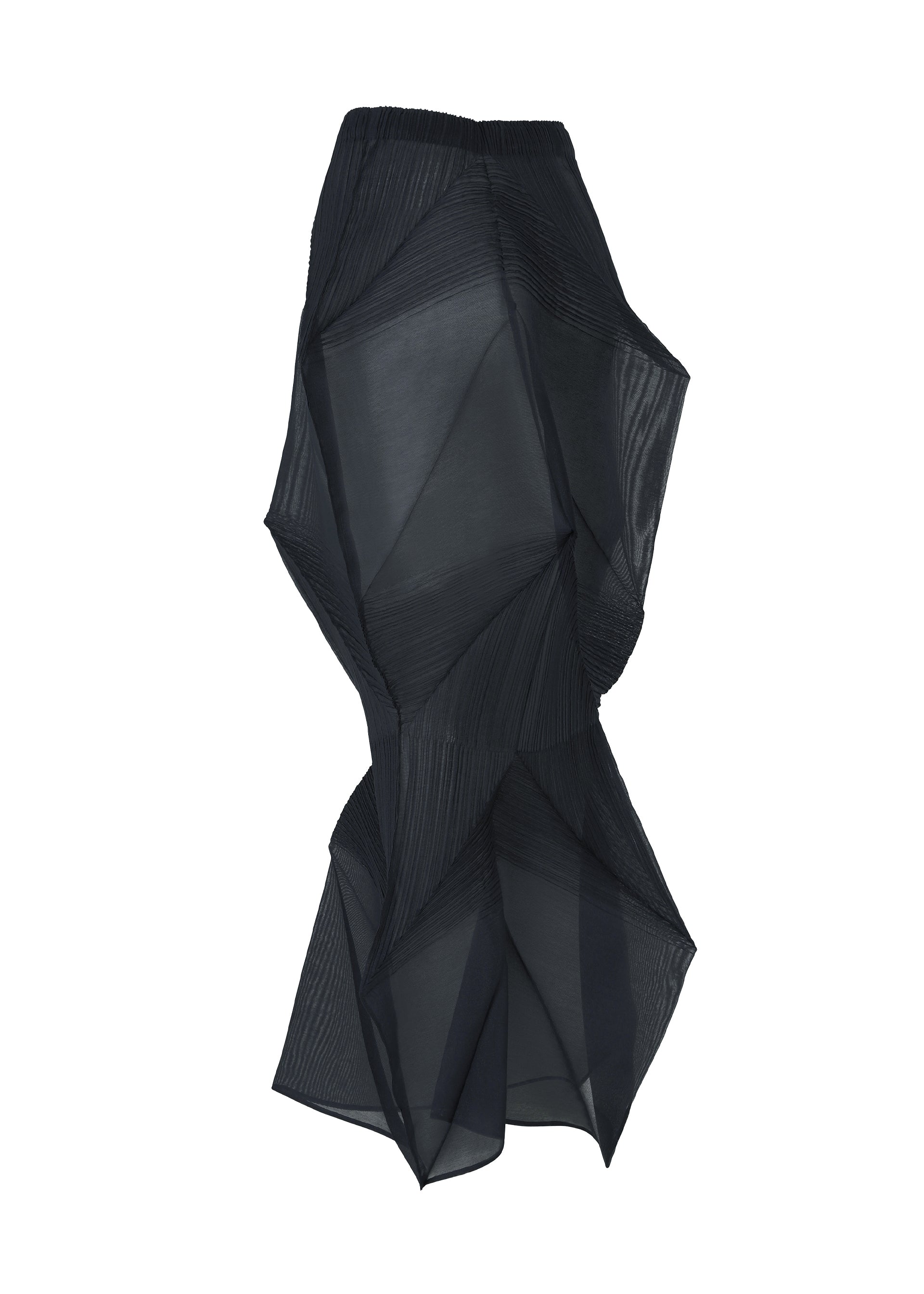 Zoomed view The SHADE AND SHADED_NY skirt by ISSEY MIYAKE is a black, architectural pleated piece featuring geometric shapes and sheer panels, creating a dramatic avant-garde silhouette against a white background.