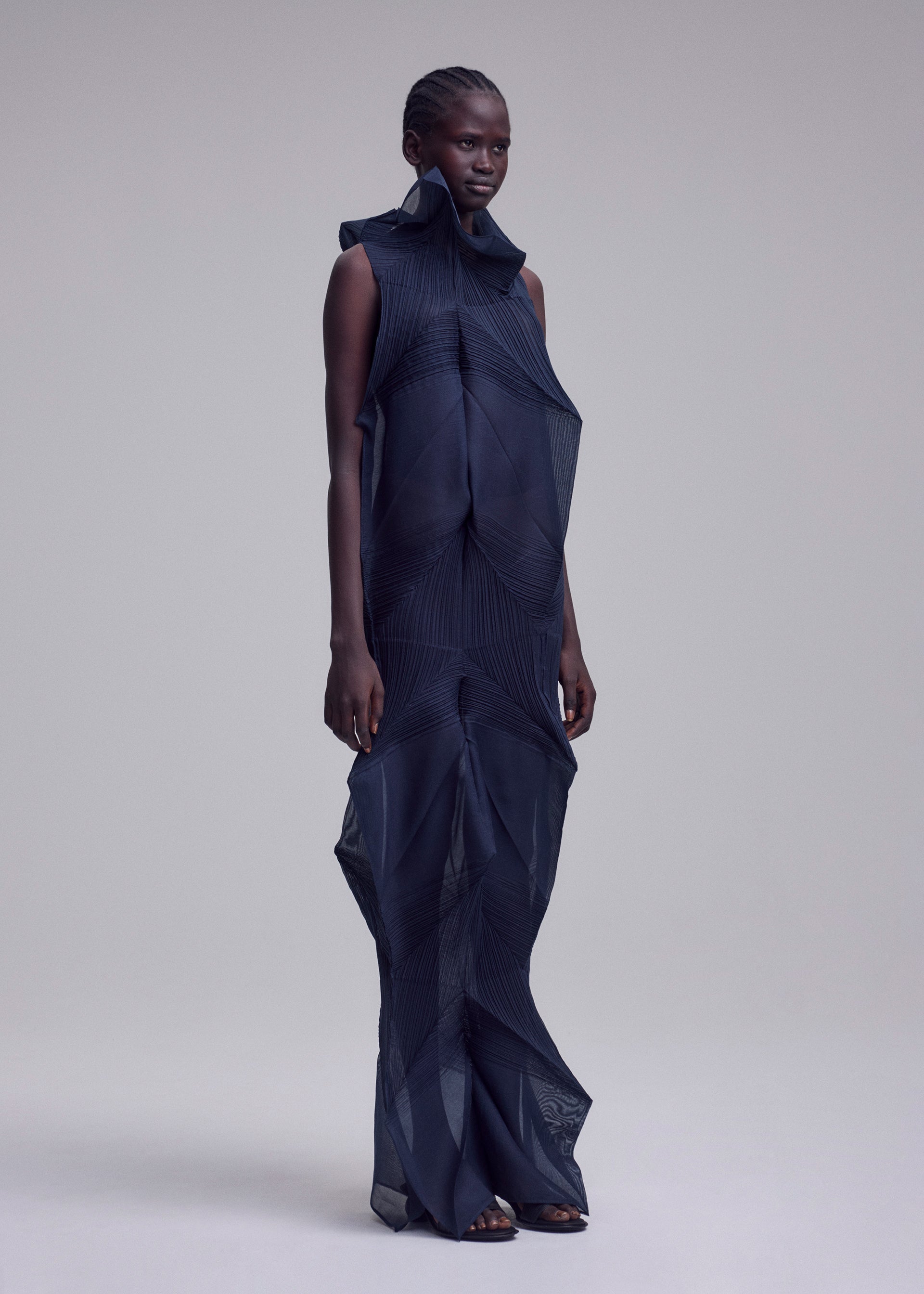 Zoomed view A person stands against a plain light background, wearing the SHADE AND SHADED_NY dress by ISSEY MIYAKE—a dark, machine-pleated, sleeveless long dress with sheer overlapping panels and a high structured collar.