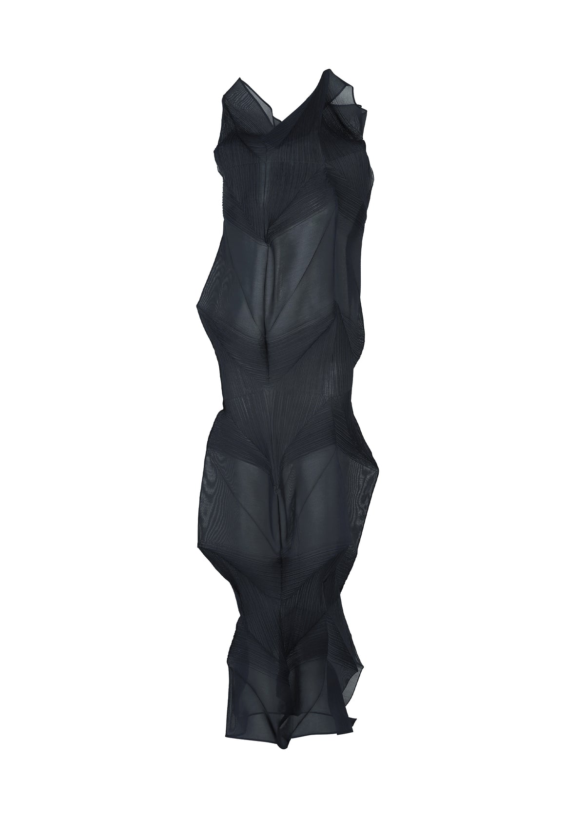 The SHADE AND SHADED_NY dress by ISSEY MIYAKE is a sleeveless black long dress with a sculptural silhouette, angular machine-pleated folds, and sheer textured fabric, creating an avant-garde architectural look at ankle length. view 1 of 10