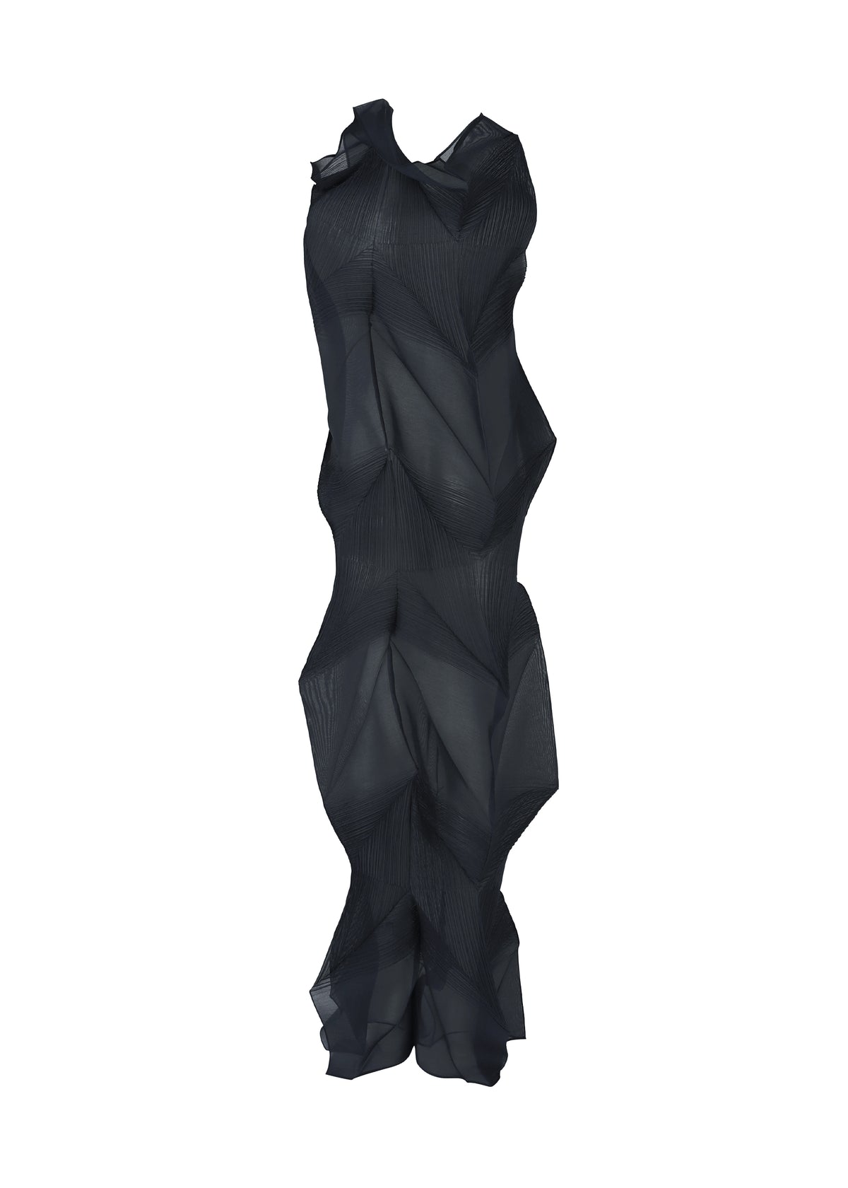 The ISSEY MIYAKE SHADE AND SHADED_NY is a sculptural sleeveless black long dress with abstract geometric texture, layered sheer fabric, high neckline, and machine-pleated details creating a modern, artistic silhouette. view 2 of 10
