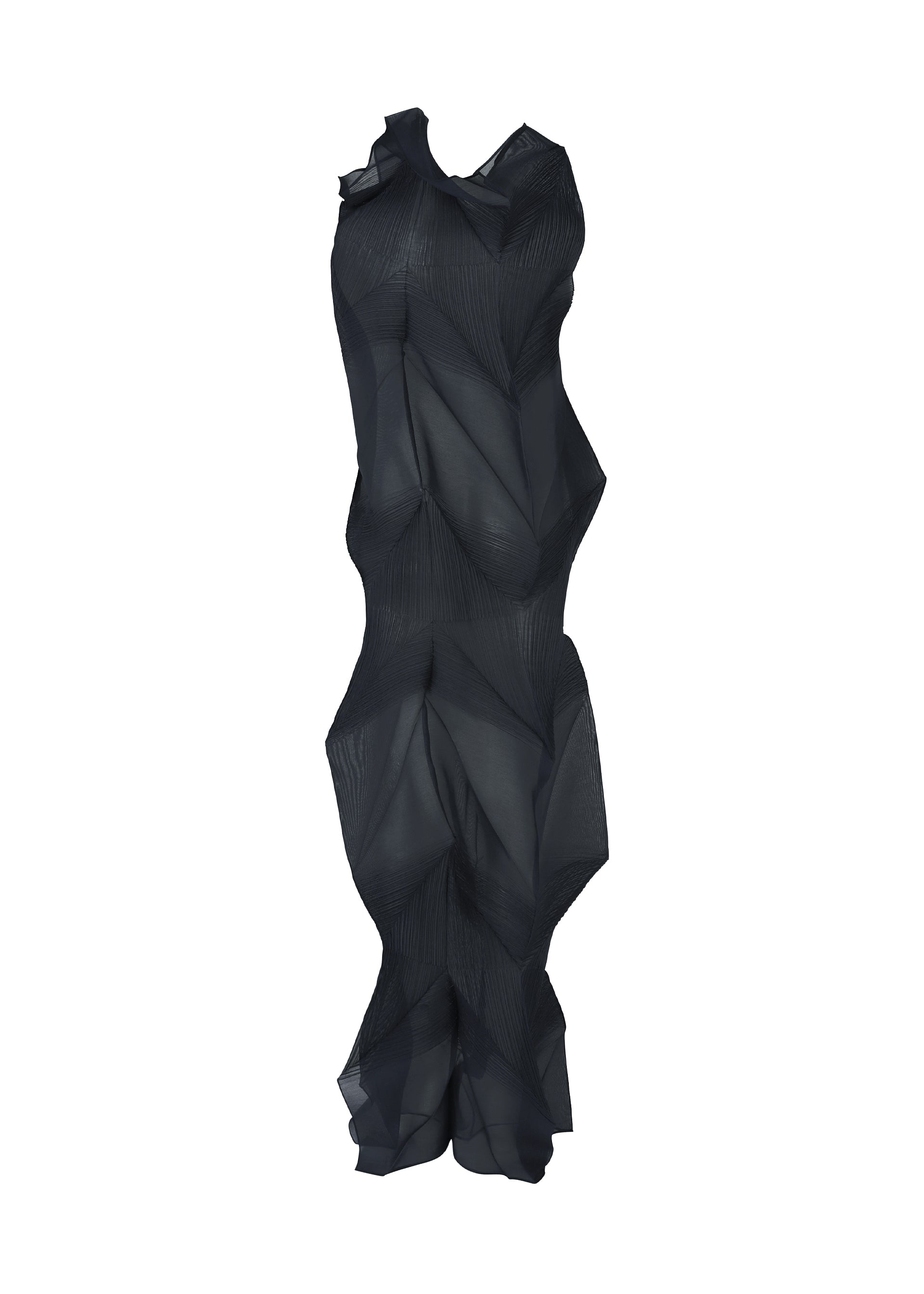 Zoomed view The ISSEY MIYAKE SHADE AND SHADED_NY is a sculptural sleeveless black long dress with abstract geometric texture, layered sheer fabric, high neckline, and machine-pleated details creating a modern, artistic silhouette.