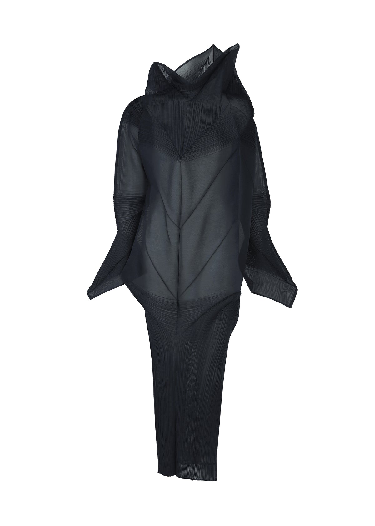 The SHADE AND SHADED_NY by ISSEY MIYAKE is a sculptural black pleated dress with angular shapes, a high neckline, wide pointed long sleeves, and a fitted lower half displayed against a plain white background. view 1 of 10