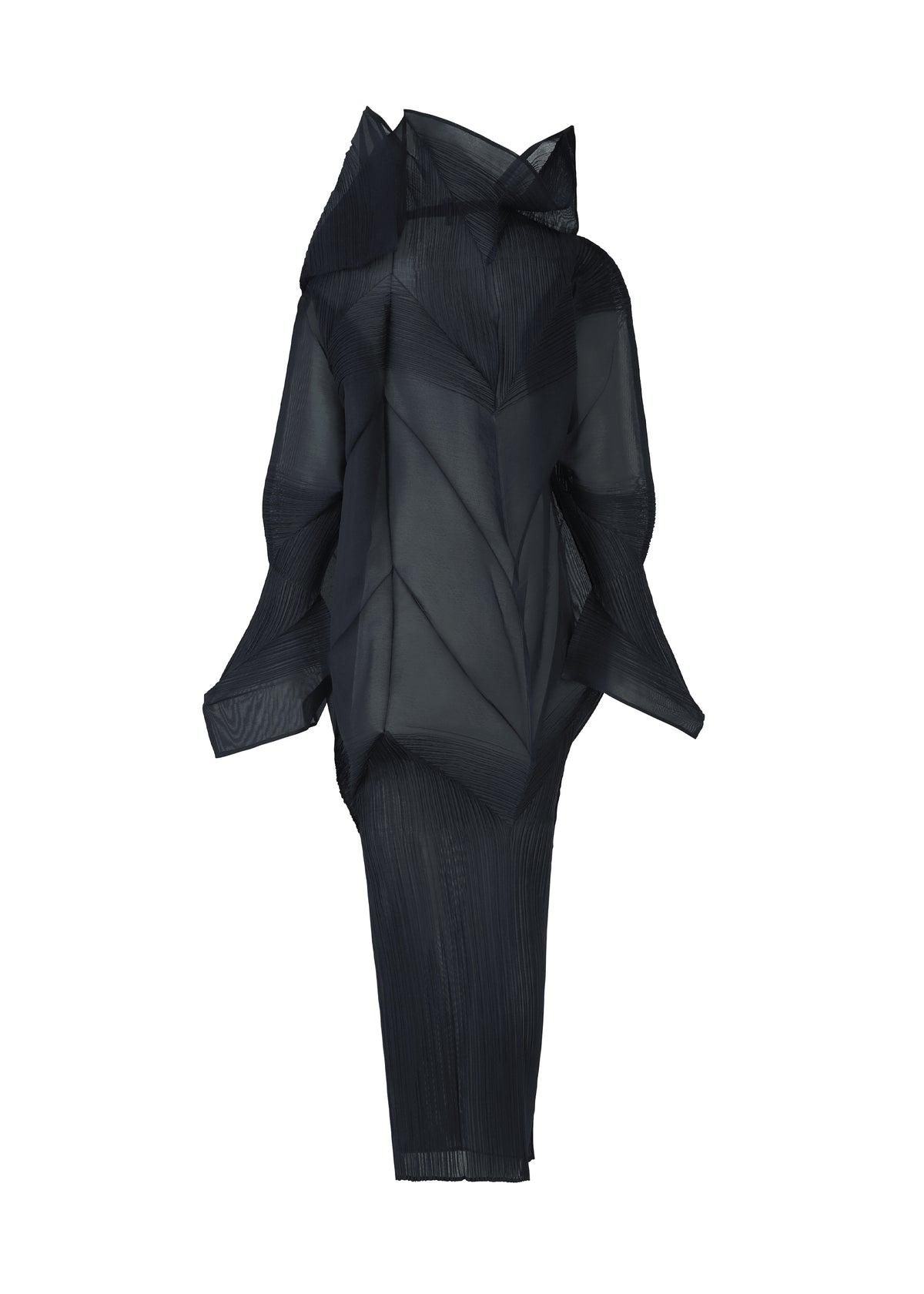 The SHADE AND SHADED_NY dress by ISSEY MIYAKE is a sculptural black sheer long-sleeved design with angular, layered pleats, a high collar, and an abstract architectural silhouette featuring a fitted lower portion. view 2 of 10