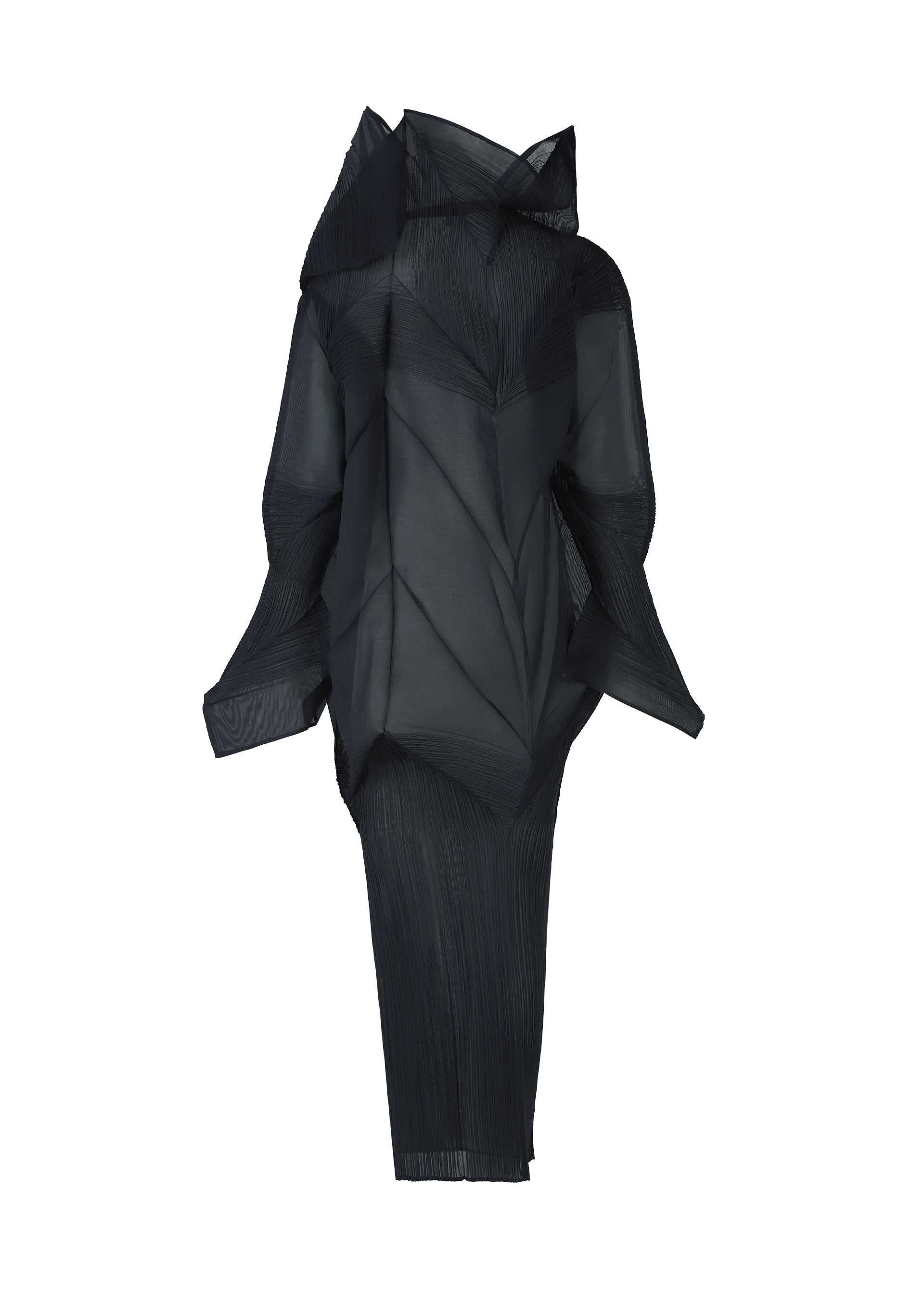 Zoomed view The SHADE AND SHADED_NY dress by ISSEY MIYAKE is a sculptural black sheer long-sleeved design with angular, layered pleats, a high collar, and an abstract architectural silhouette featuring a fitted lower portion.