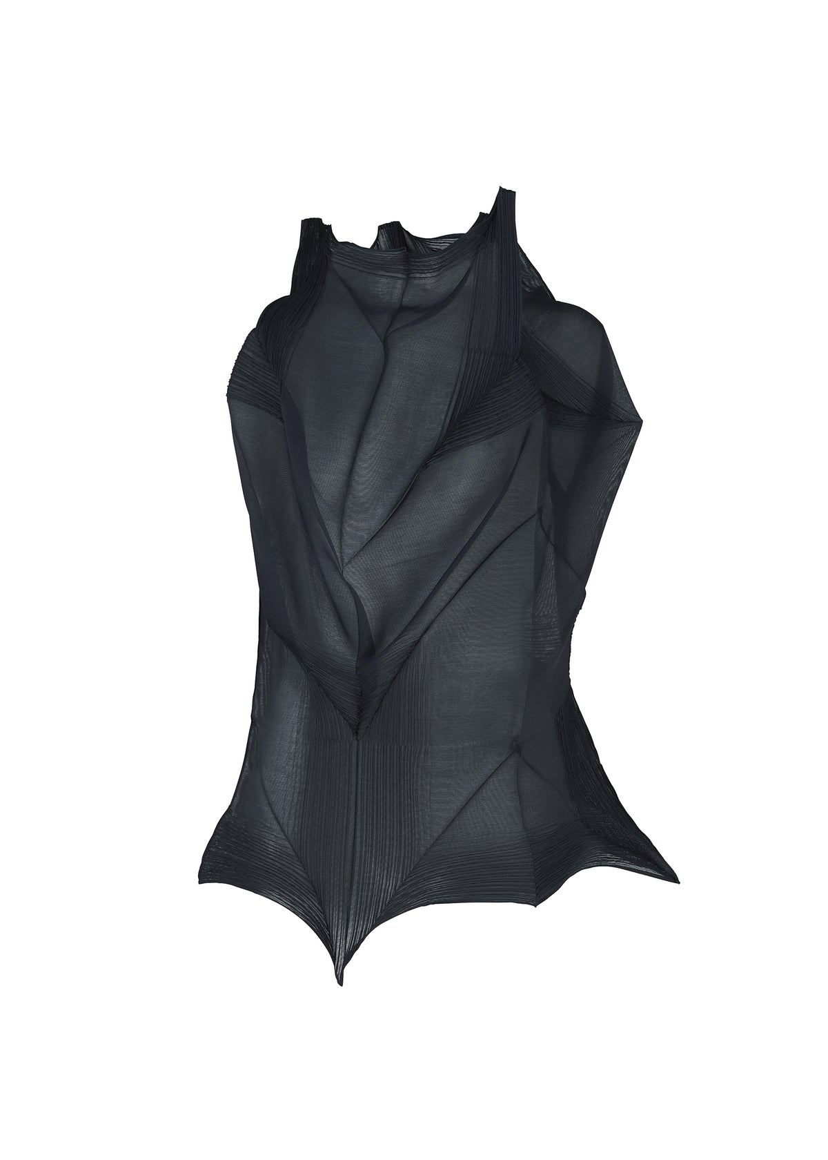 The SHADE AND SHADED_NY sleeveless top by ISSEY MIYAKE features sculptural, black semi-transparent mesh with angular machine-pleated folds, creating a futuristic, architectural look against a plain white background. view 1 of 11
