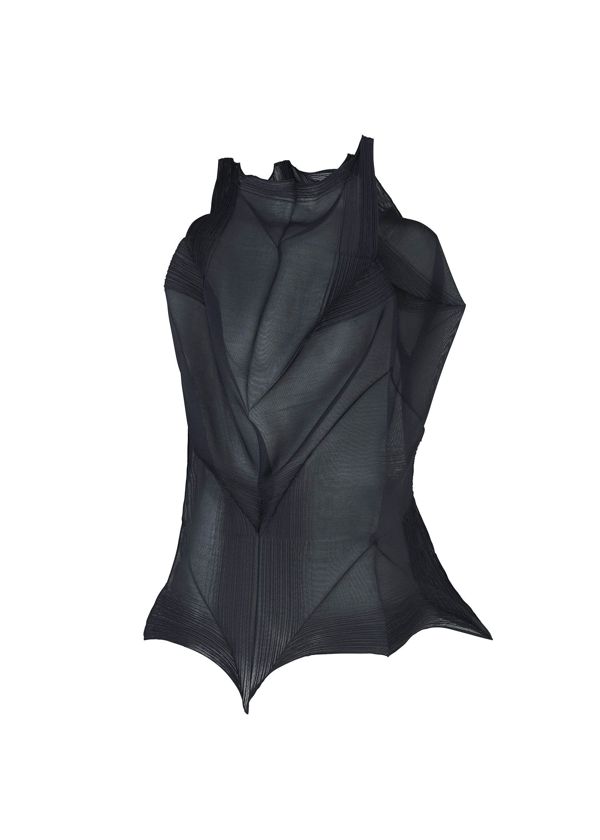 Zoomed view The SHADE AND SHADED_NY sleeveless top by ISSEY MIYAKE features sculptural, black semi-transparent mesh with angular machine-pleated folds, creating a futuristic, architectural look against a plain white background. - DARK NAVY （no.78）