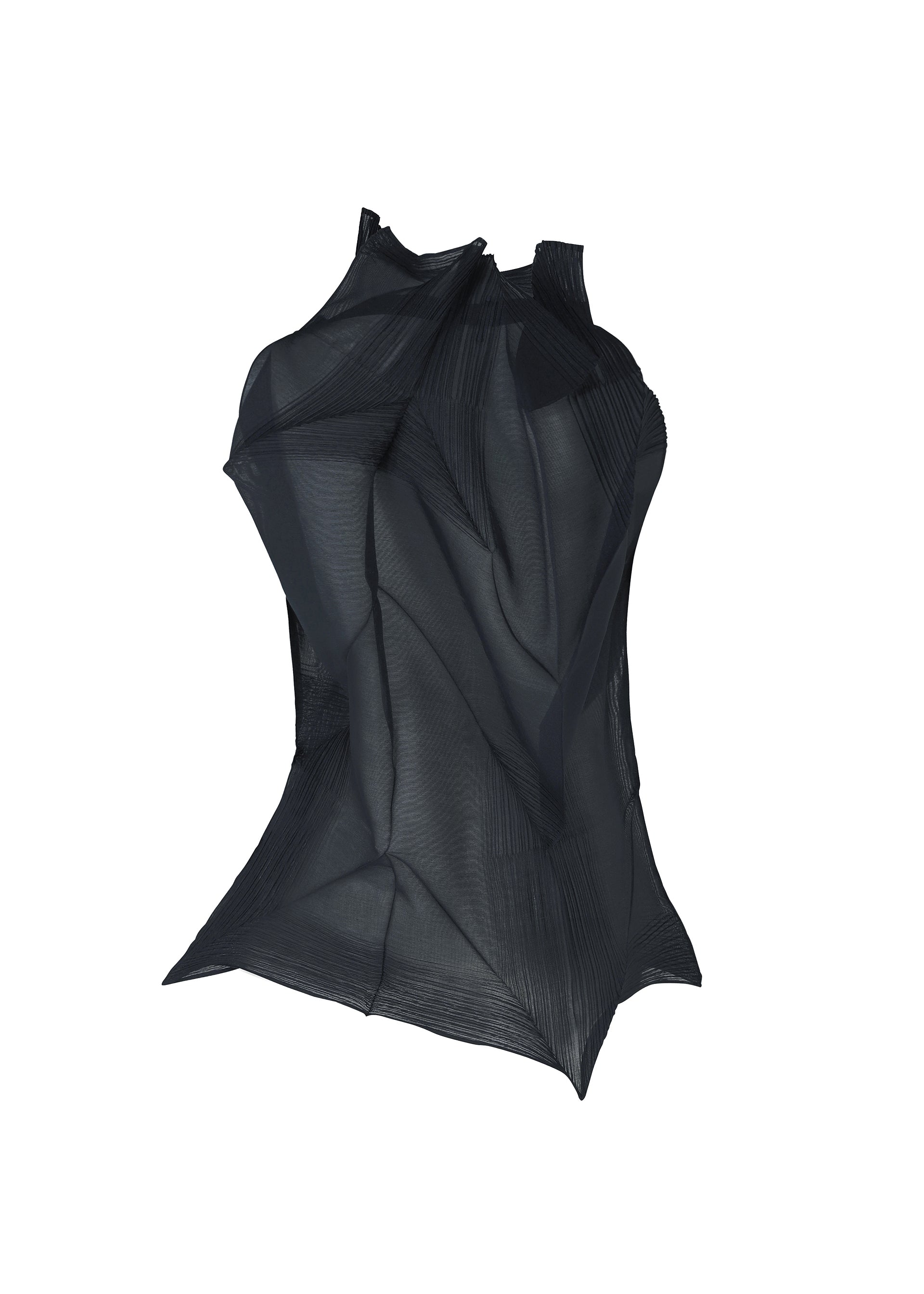 Zoomed view SHADE AND SHADED_NY by ISSEY MIYAKE is a black, semi-transparent abstract sculpture with sharp angular folds and flowing, machine-pleated mesh textures, evoking a distorted torso and creating a striking sculptural silhouette.