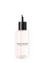 A transparent perfume bottle labeled LUMIERE EAU DE PARFUM REFILL 150mL by ISSEY MIYAKE PARFUMS, showcasing refined branding, with a black cap and spray nozzle, displayed against a plain white background. - 150ML