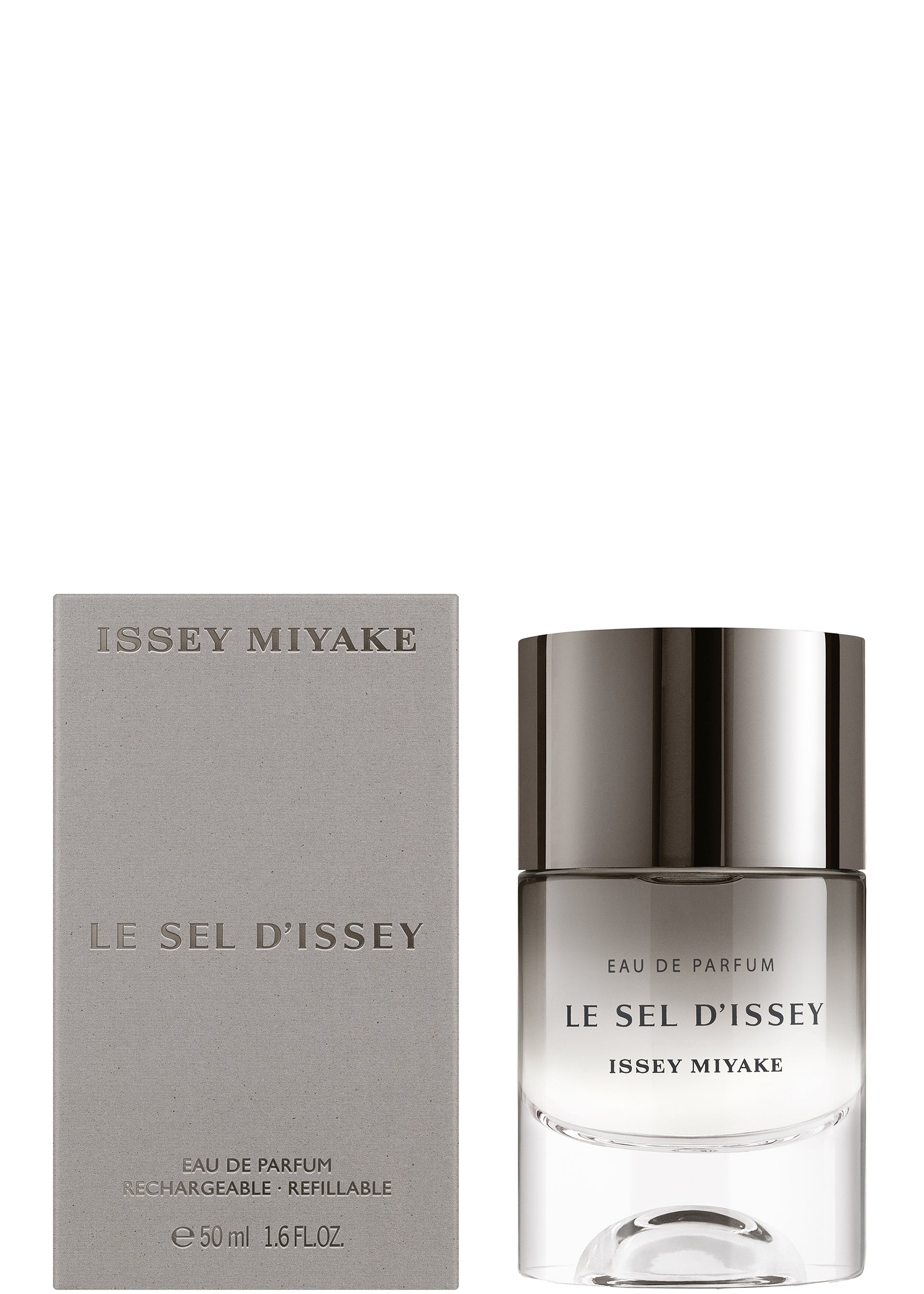 Zoomed view A bottle of LE SEL D'ISSEY EAU DE PARFUM 50mL by ISSEY MIYAKE PARFUMS, with a metallic silver cap and minimalist clear design, is displayed beside its gray box, both featuring the product and brand names.
