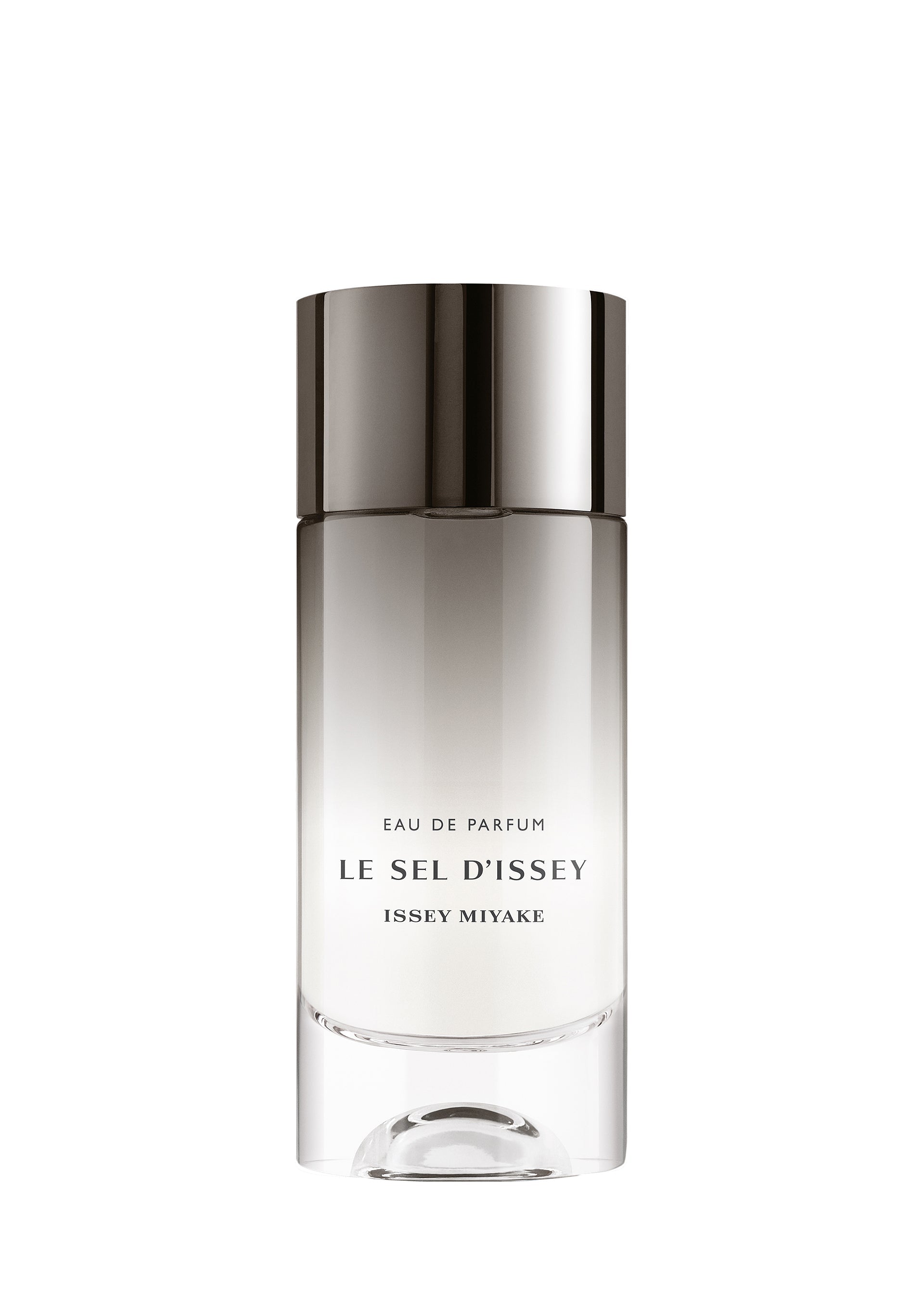 Zoomed view LE SEL D’ISSEY EAU DE PARFUM 100mL by ISSEY MIYAKE PARFUMS comes in a sleek cylindrical bottle with a metallic cap and minimalist white-to-gray gradient, mirroring its fresh, marine-inspired scent. Name and brand are printed in simple black text. - - （no.01）