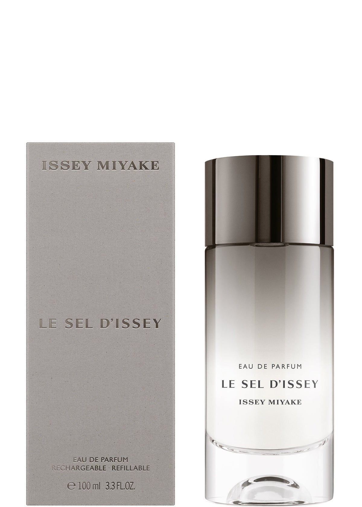 A bottle of LE SEL D'ISSEY EAU DE PARFUM 100mL by ISSEY MIYAKE PARFUMS sits beside its sleek light gray box, both with silver and gray text, reflecting the fragrance’s fresh marine seaweed and salty notes. view 2 of 2