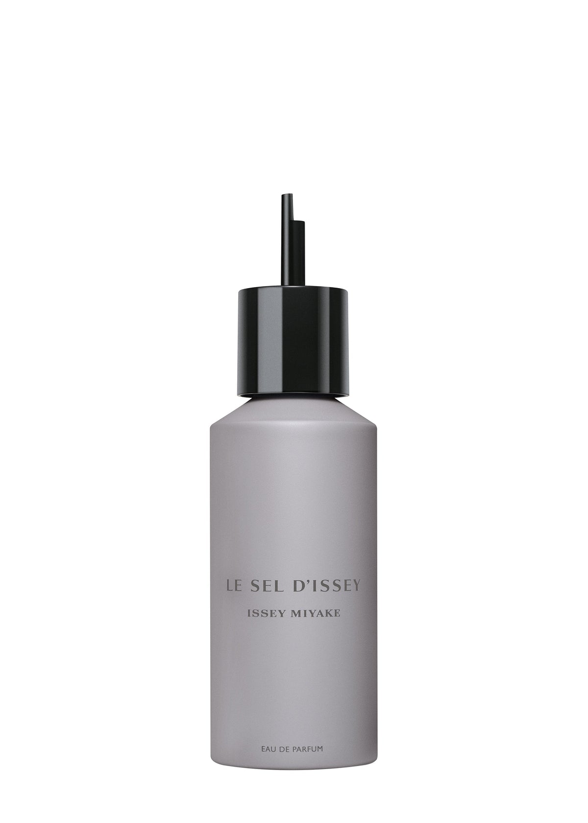 A matte light gray 150mL LE SEL D'ISSEY EAU DE PARFUM REFILL by ISSEY MIYAKE PARFUMS features a tall black cap and modern label, reflecting its marine seaweed and salty scent. The plain white background highlights its minimal design. view 1 of 2