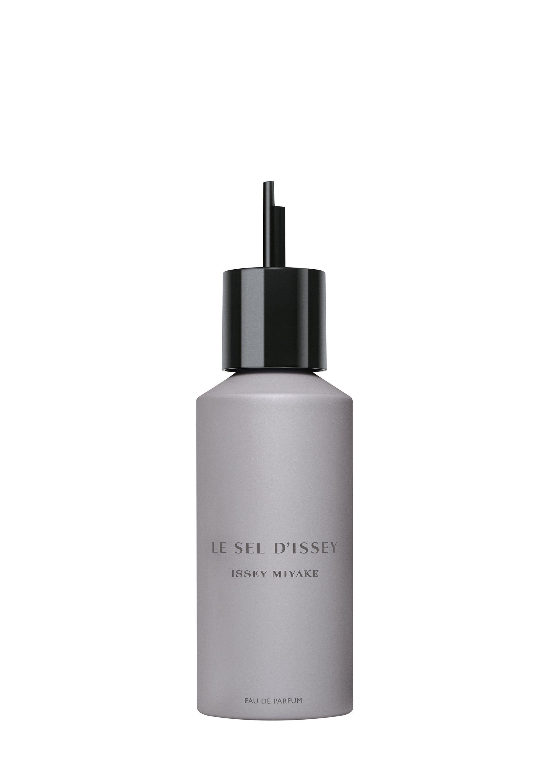 Zoomed view A matte light gray 150mL LE SEL D'ISSEY EAU DE PARFUM REFILL by ISSEY MIYAKE PARFUMS features a tall black cap and modern label, reflecting its marine seaweed and salty scent. The plain white background highlights its minimal design. - - （no.01）