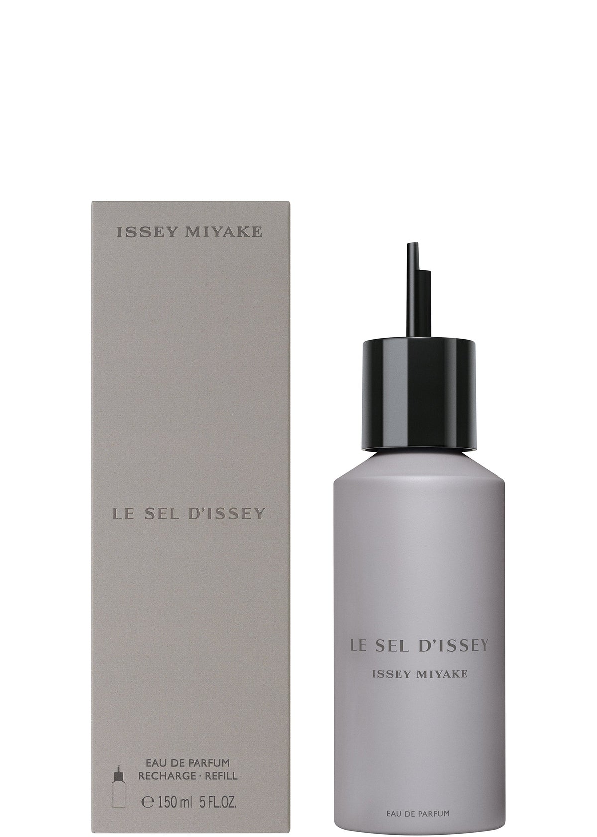A 150mL bottle of LE SEL D'ISSEY EAU DE PARFUM REFILL by ISSEY MIYAKE PARFUMS features a black pump and stands beside its minimalist light gray box, capturing the scent’s salty accord and marine seaweed notes. view 2 of 2