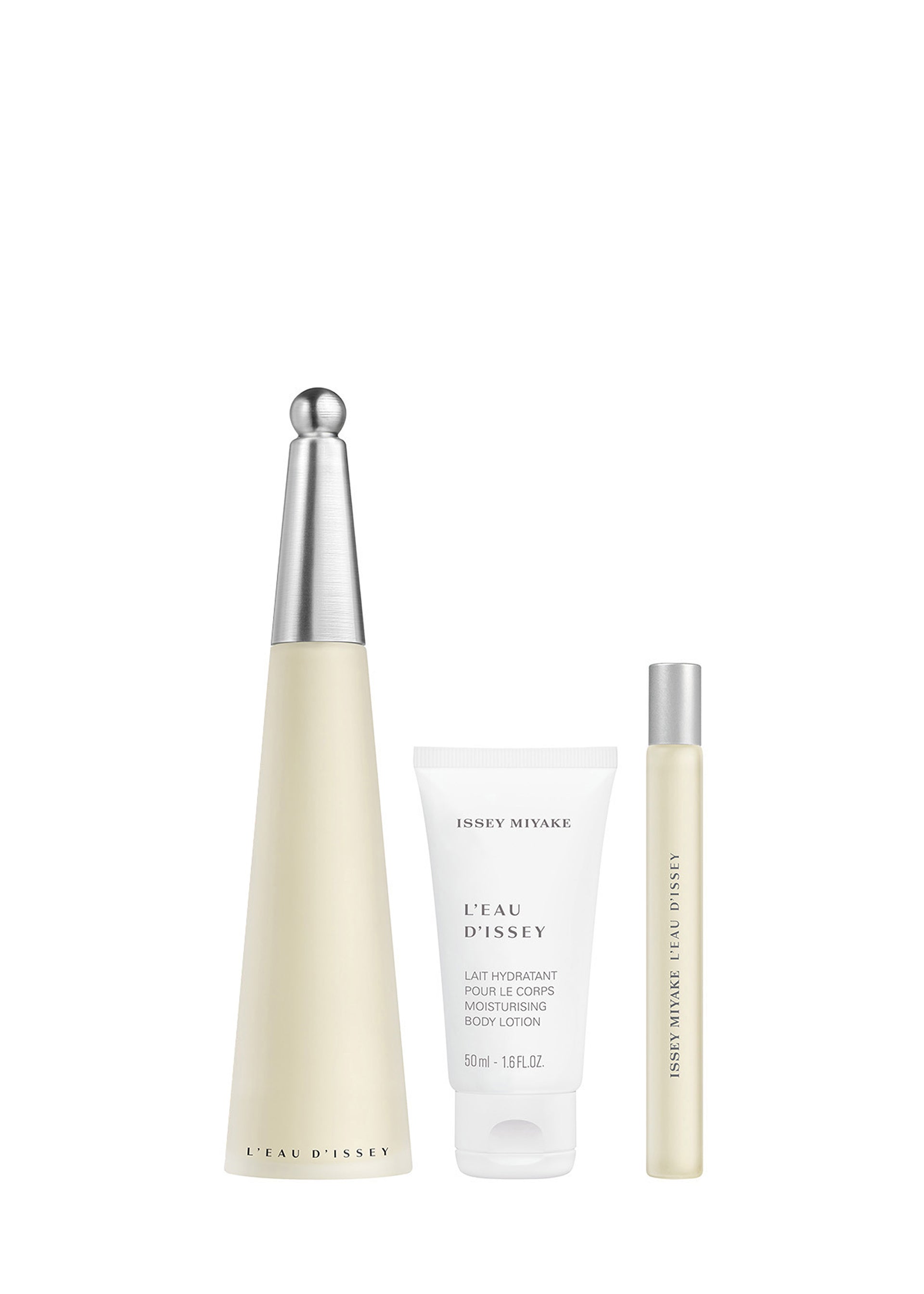 Zoomed view The ISSEY MIYAKE PARFUMS L'EAU D'ISSEY MOTHER'S DAY COFFRET showcases three aquatic floral-scented products: a tall, cream perfume bottle with silver cap, a white body lotion tube, and a slim roller, arranged vertically on a white background.