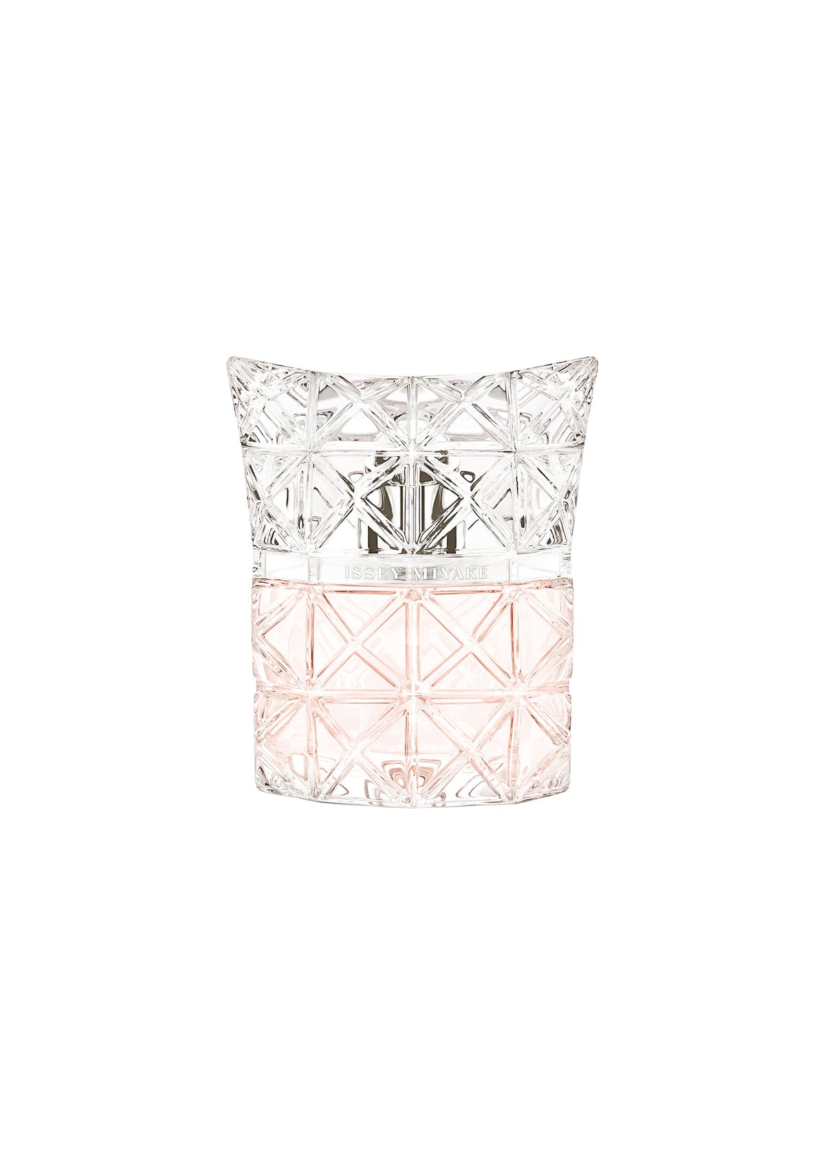 LUMIÈRE D’ISSEY EAU DE PARFUM 50mL by ISSEY MIYAKE PARFUMS is presented in a clear glass bottle with geometric patterns, light pink liquid, silver accents, and a curved cap, set against a plain white background. view 1 of 3