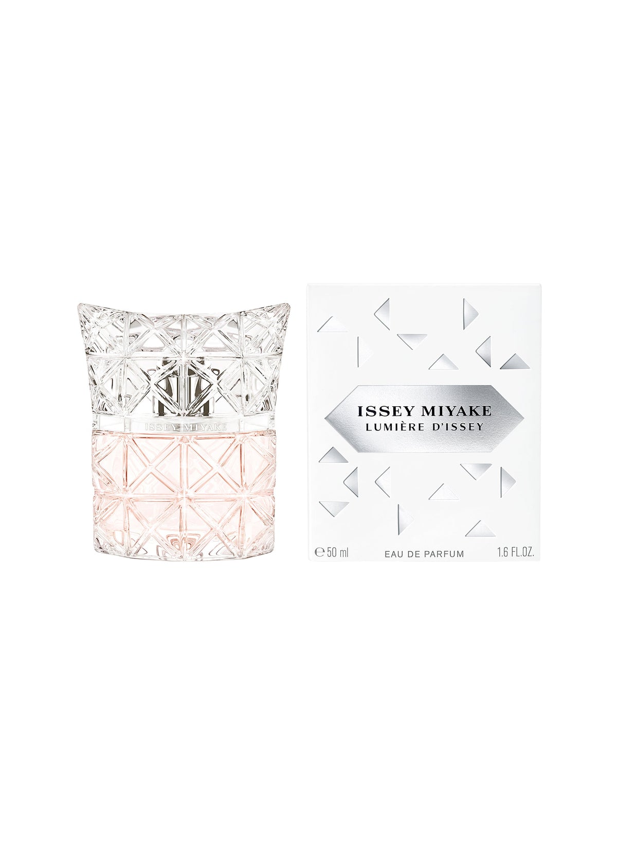 A 50mL bottle of LUMIÈRE D’ISSEY EAU DE PARFUM by ISSEY MIYAKE PARFUMS features a clear and pink glass design with a textured surface, shown beside its white box with a geometric pattern. view 2 of 3