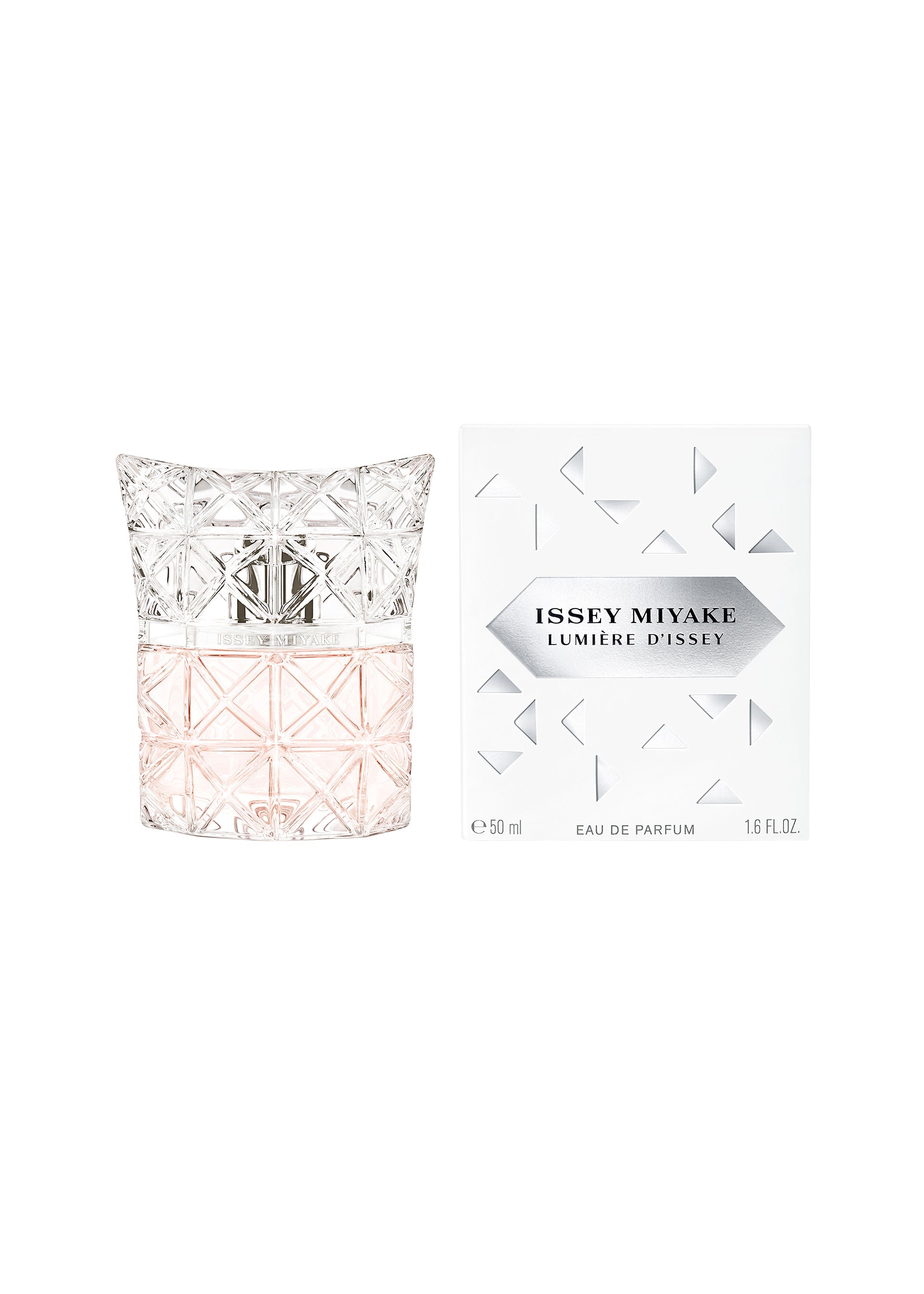 Zoomed view A 50mL bottle of LUMIÈRE D’ISSEY EAU DE PARFUM by ISSEY MIYAKE PARFUMS features a clear and pink glass design with a textured surface, shown beside its white box with a geometric pattern.