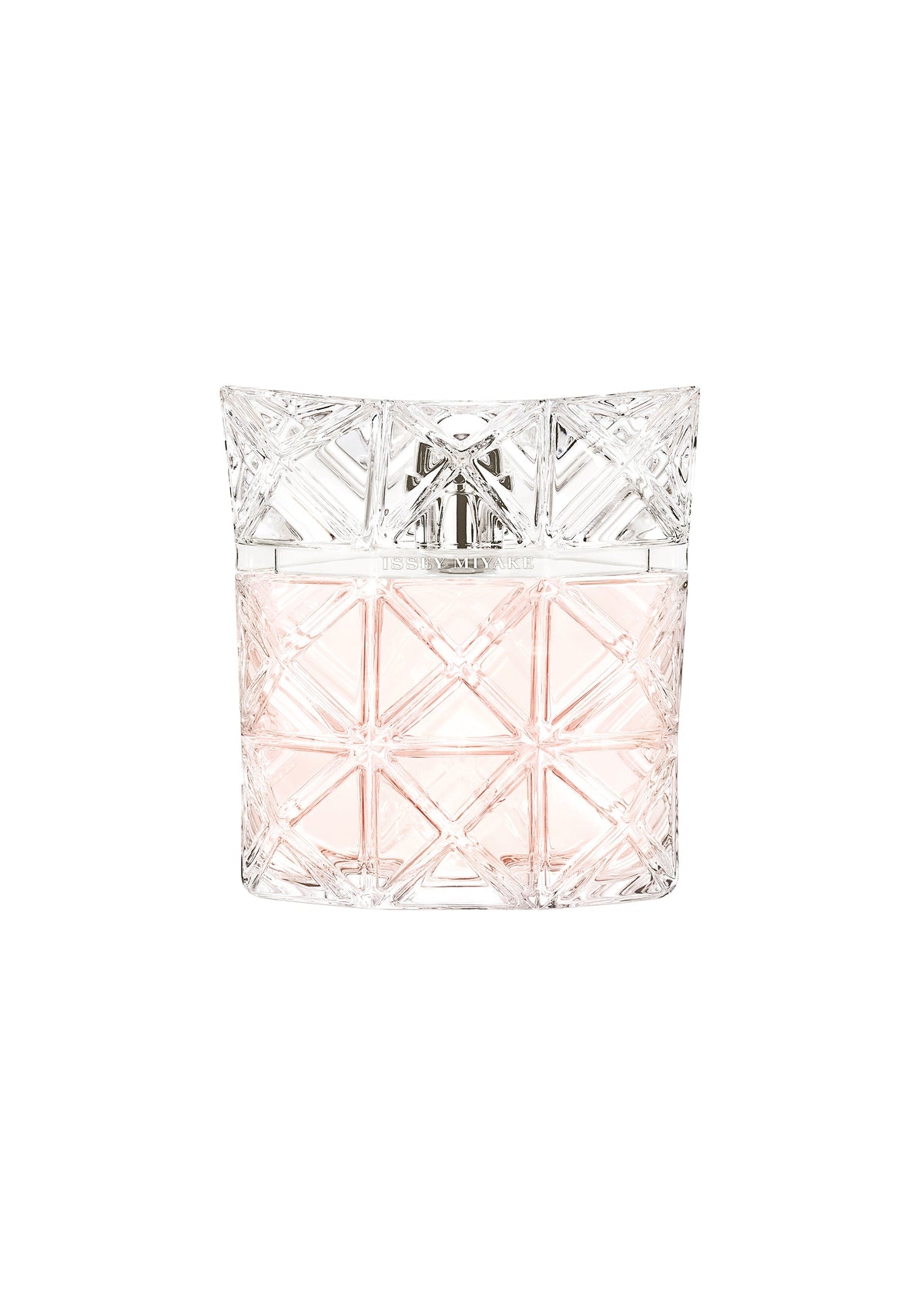 An elegant 100mL LUMIÈRE D’ISSEY Eau de Parfum by ISSEY MIYAKE PARFUMS in a clear, geometric diamond-patterned glass bottle with light pink fragrance and a transparent rectangular cap. view 1 of 3
