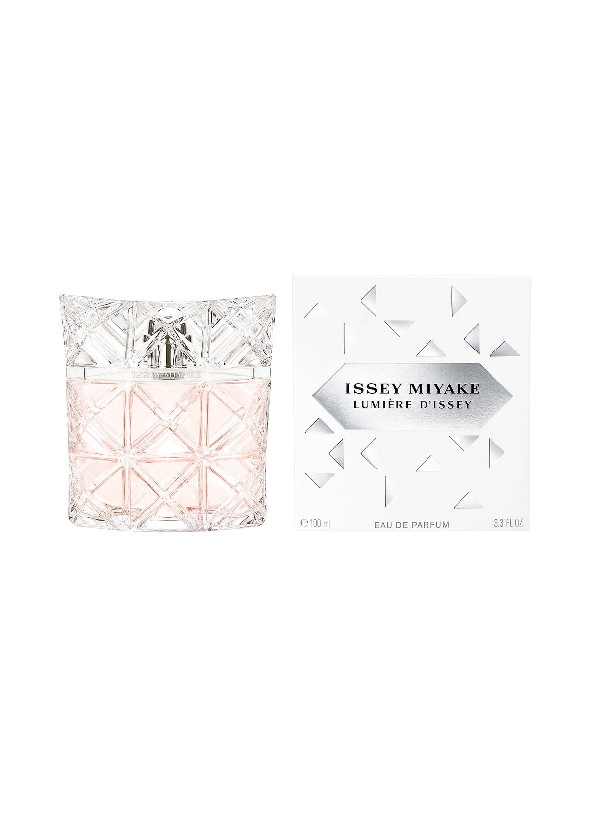 The LUMIÈRE D’ISSEY EAU DE PARFUM 100mL bottle by ISSEY MIYAKE PARFUMS has a geometric, faceted glass design and comes with a white, patterned box featuring the fragrance name and brand. view 2 of 3