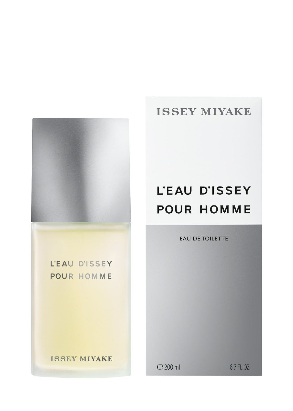 A 200mL bottle of ISSEY MIYAKE PARFUMS L’EAU D’ISSEY POUR HOMME Eau de Toilette, featuring a clear bottle with silver cap and yellow liquid, comes in a sleek white and gray box with bold black branding. view 1 of 2