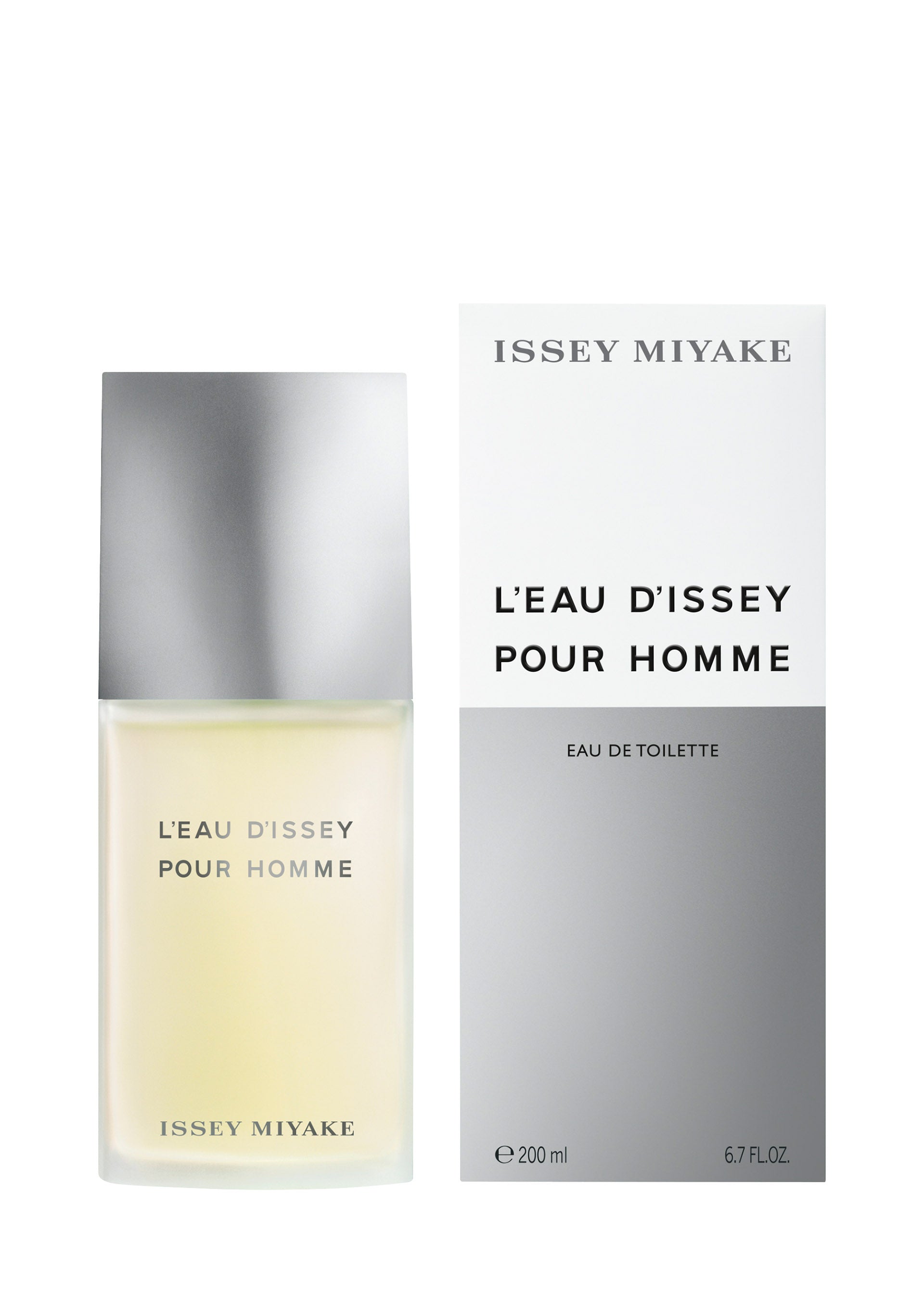 Zoomed view A 200mL bottle of ISSEY MIYAKE PARFUMS L’EAU D’ISSEY POUR HOMME Eau de Toilette, featuring a clear bottle with silver cap and yellow liquid, comes in a sleek white and gray box with bold black branding. - 200ML