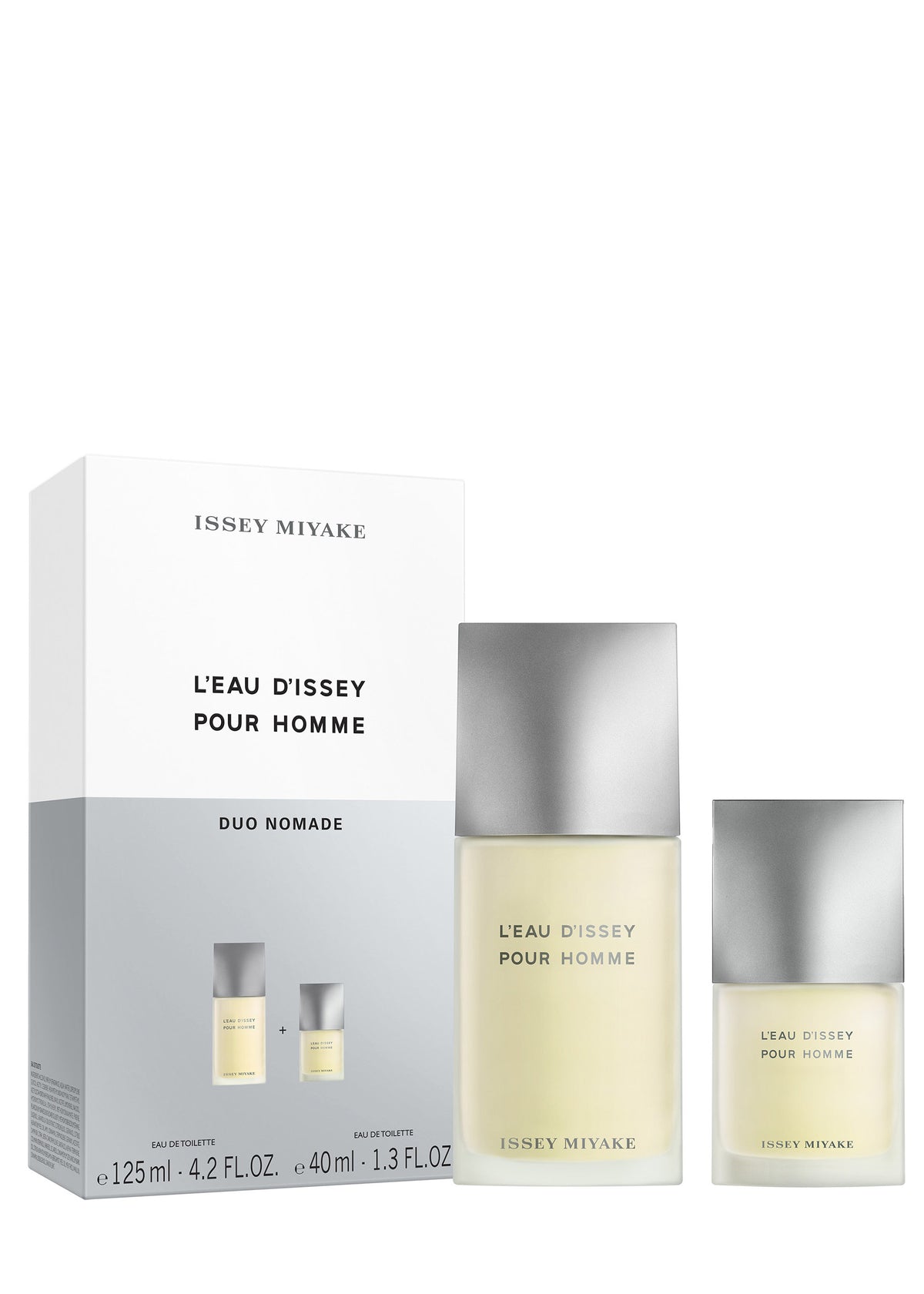 The ISSEY MIYAKE PARFUMS L'EAU D'ISSEY POUR HOMME Eau de Toilette Father's Day Gift Set includes one large and one small bottle, displayed beside white and gray box packaging featuring images of the bottles and the product name. view 1 of 2