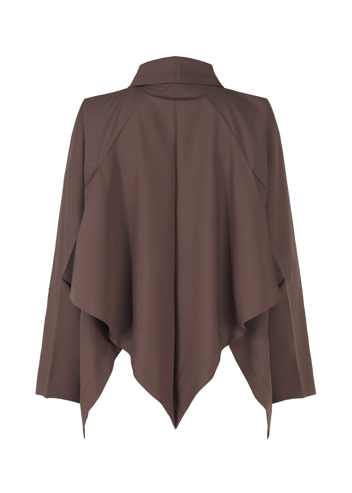 Back view of the IM MEN FLAT DRAPE jacket in brown. Features long sleeves, pleated details, asymmetrical hem, voluminous draping, and a structured collar. Made from plant-derived polyester for stylish sustainability. view 3 of 7