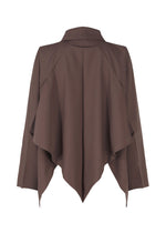 Back view of the IM MEN FLAT DRAPE jacket in brown. Features long sleeves, pleated details, asymmetrical hem, voluminous draping, and a structured collar. Made from plant-derived polyester for stylish sustainability.