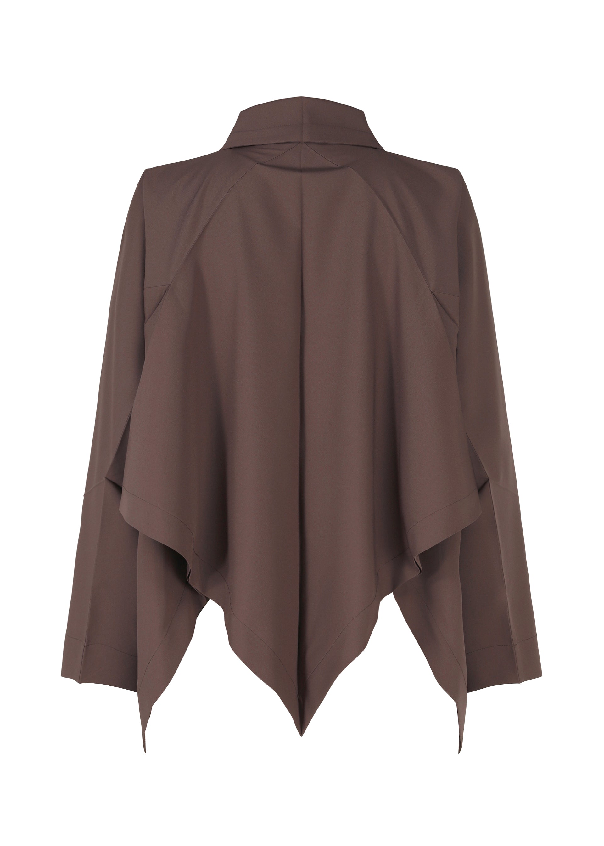 Zoomed view Back view of the IM MEN FLAT DRAPE jacket in brown. Features long sleeves, pleated details, asymmetrical hem, voluminous draping, and a structured collar. Made from plant-derived polyester for stylish sustainability.