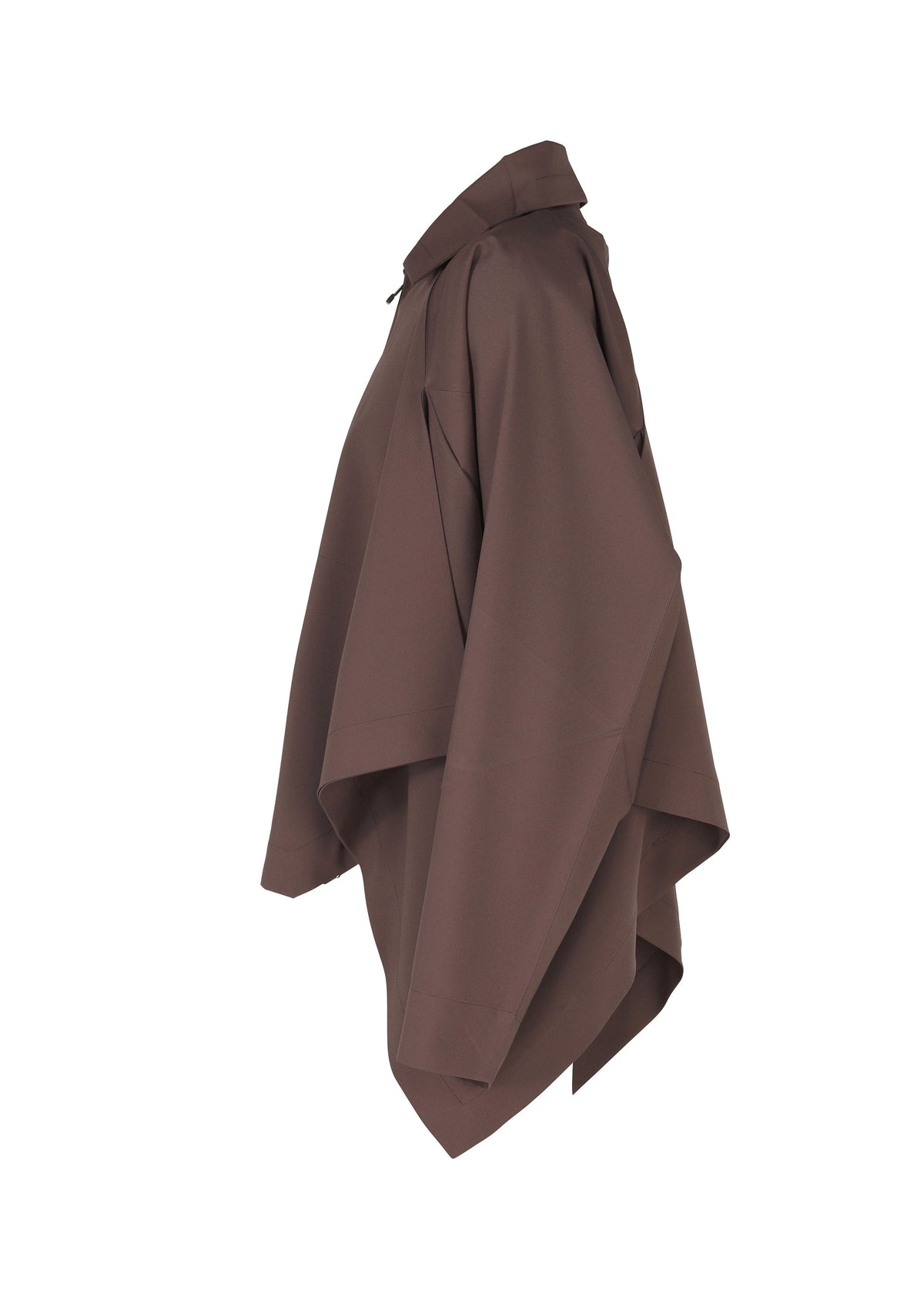 The IM MEN FLAT DRAPE is a brown, loose-fitting poncho-style garment with voluminous draping and a collar, made from plant-derived polyester, shown from the side on a white background. view 4 of 7