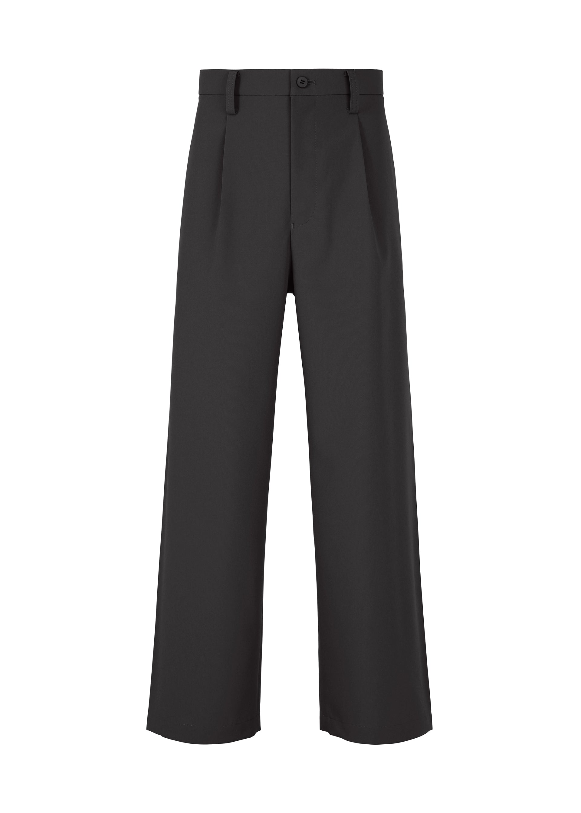 Zoomed view The IM MEN WINGS black wide-leg trousers feature handmade pleats, a high waist, side pockets, belt loops, and a front button zip closure. Displayed against a white background, these stylish pants are easy to care for. - BLACK (no.15)
