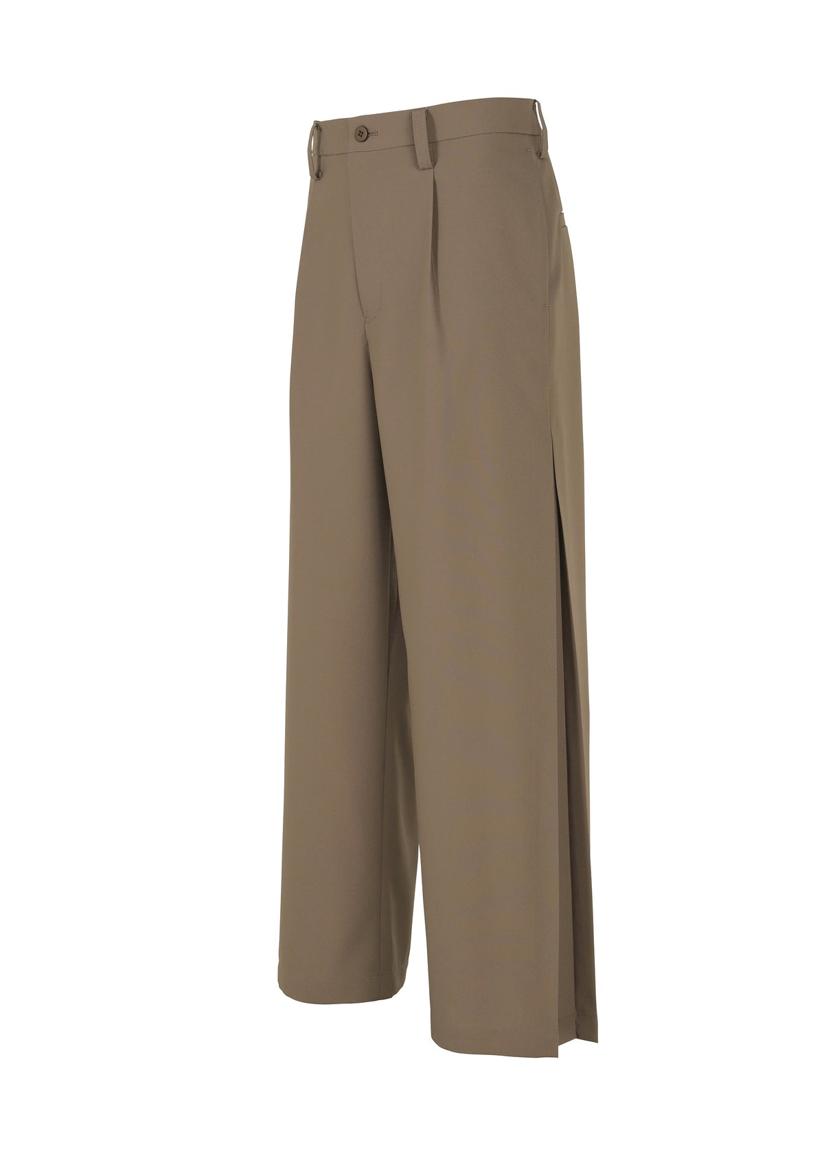 The IM MEN WINGS pants feature a wide-leg, high-waisted khaki design with handmade pleats, side slits, belt loops, and a front button with zipper closure, shown on a white background. view 3 of 7
