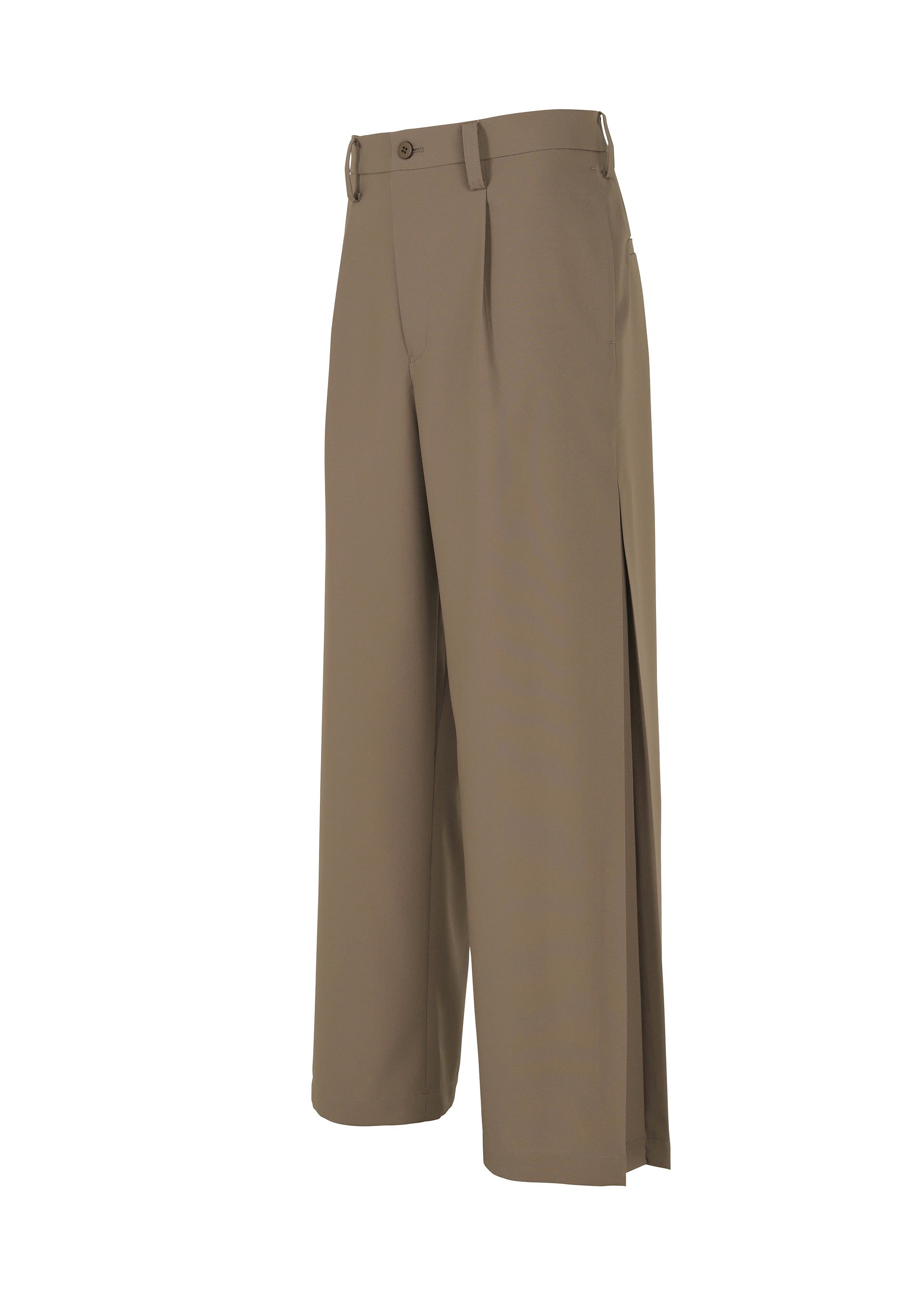 Zoomed view The IM MEN WINGS pants feature a wide-leg, high-waisted khaki design with handmade pleats, side slits, belt loops, and a front button with zipper closure, shown on a white background.