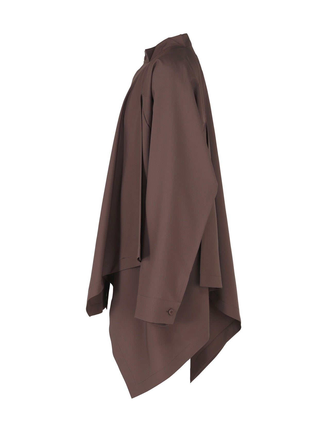 The FLAT DRAPE blouse by IM MEN is a brown, long-sleeve top with voluminous draping, asymmetrical hem, loose fit, and buttoned cuffs, made from plant-derived polyester and shown in a side view on a mannequin. view 2 of 6