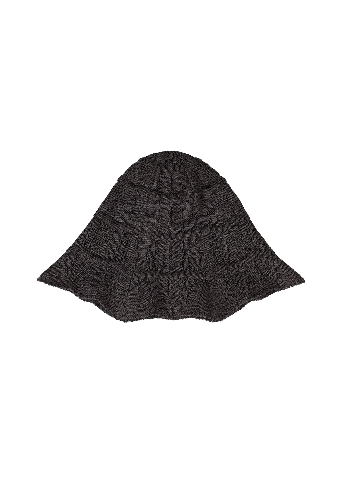 The ENGRAVE HAT by IM MEN is a black, wide-brimmed crochet bucket hat with wavy textured patterns inspired by ceramic artist Shoji Kamoda, shown against a white background. view 2 of 3