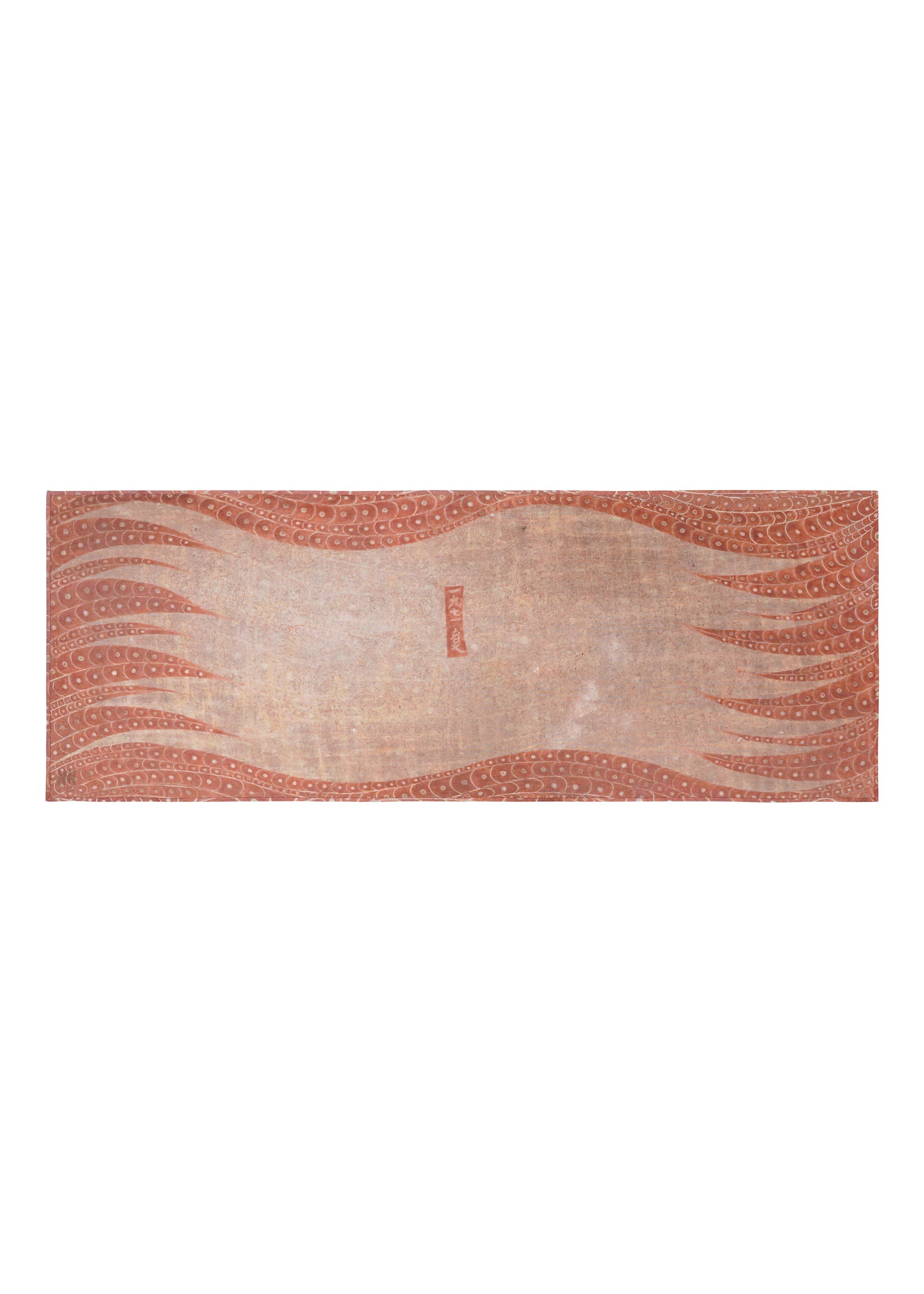 Zoomed view The IM MEN UROKOMON STOLE is a rectangular stole featuring a beige background with red scale-like patterns inspired by Shoji Kamoda’s designs, and a small rectangular logo in the center.