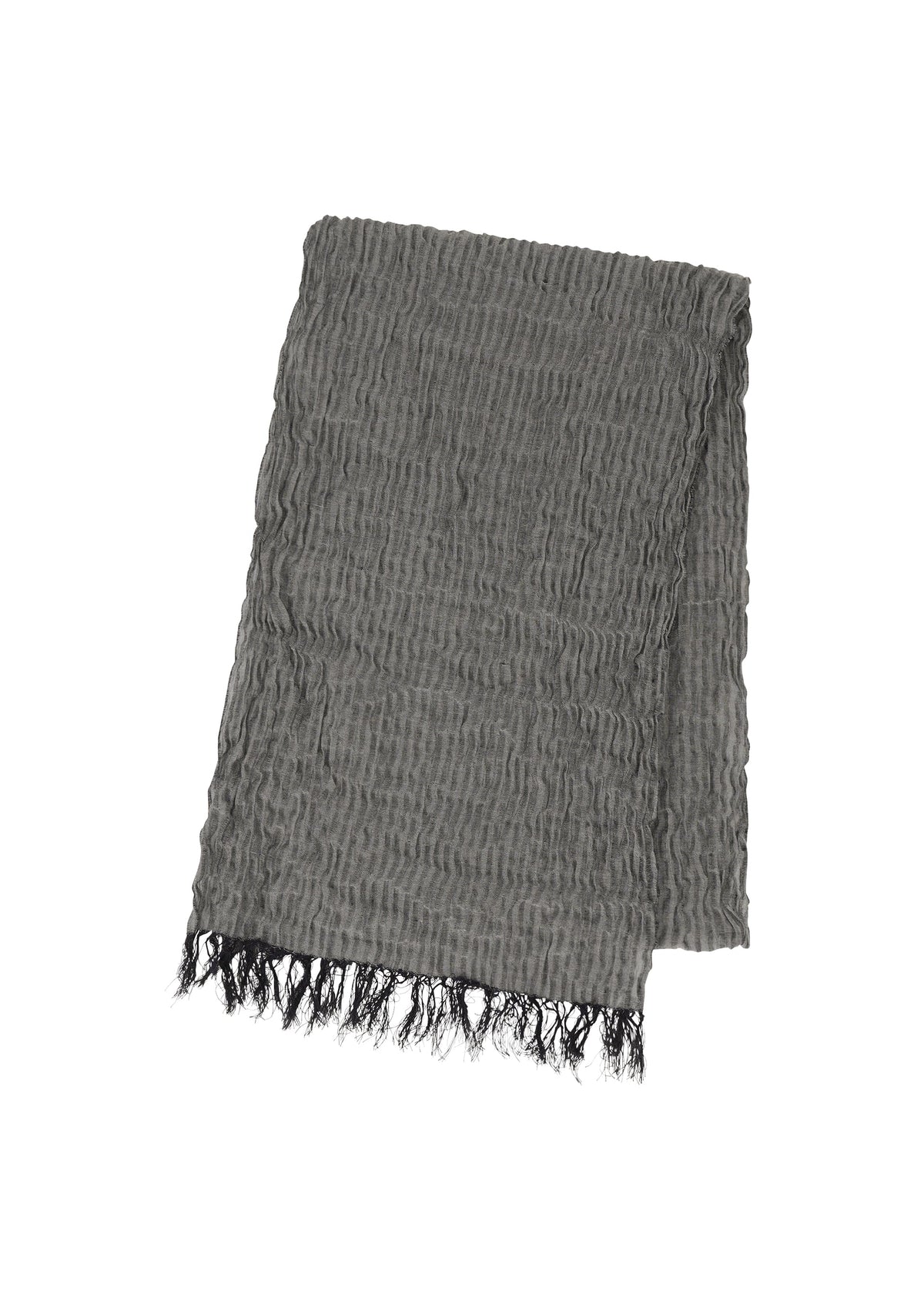The IM MEN SHRINK BORDER STOLE is a textured gray linen accessory with crinkled, breathable fabric and black fringe on one end, shown on a white background. view 1 of 7