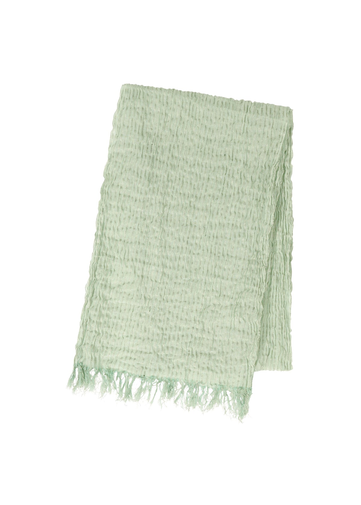 The SHRINK BORDER STOLE by IM MEN is a light green, breathable, high-twist cotton stole with a waffle pattern and fringed edges, shown neatly folded on a white background. view 2 of 7