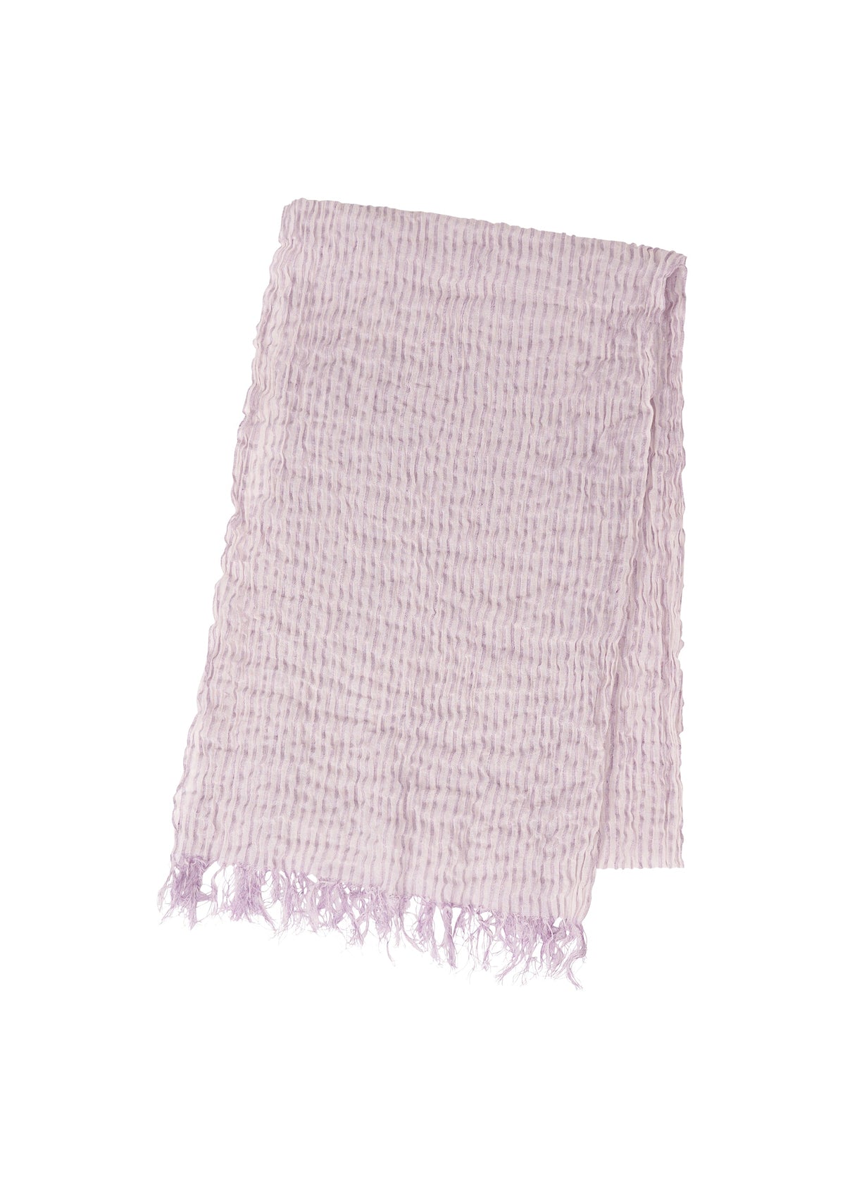 The IM MEN SHRINK BORDER STOLE is a light purple, textured linen accessory with fringed edges, made from breathable high-twist cotton and displayed folded on a white background. view 3 of 7
